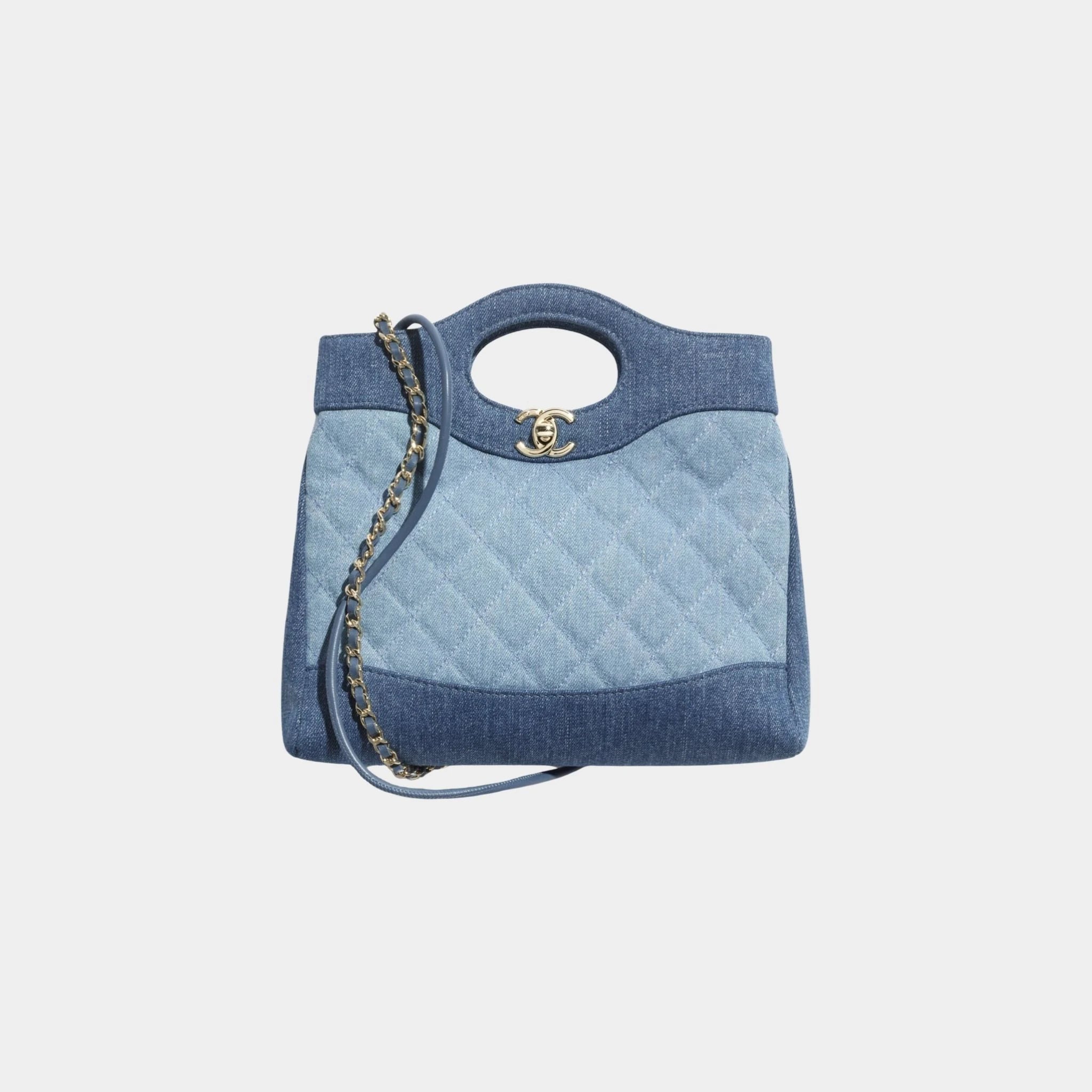 Chanel 31 Mini Shopping Bag Washed Denim &amp; Gold Tone Metal, Front 