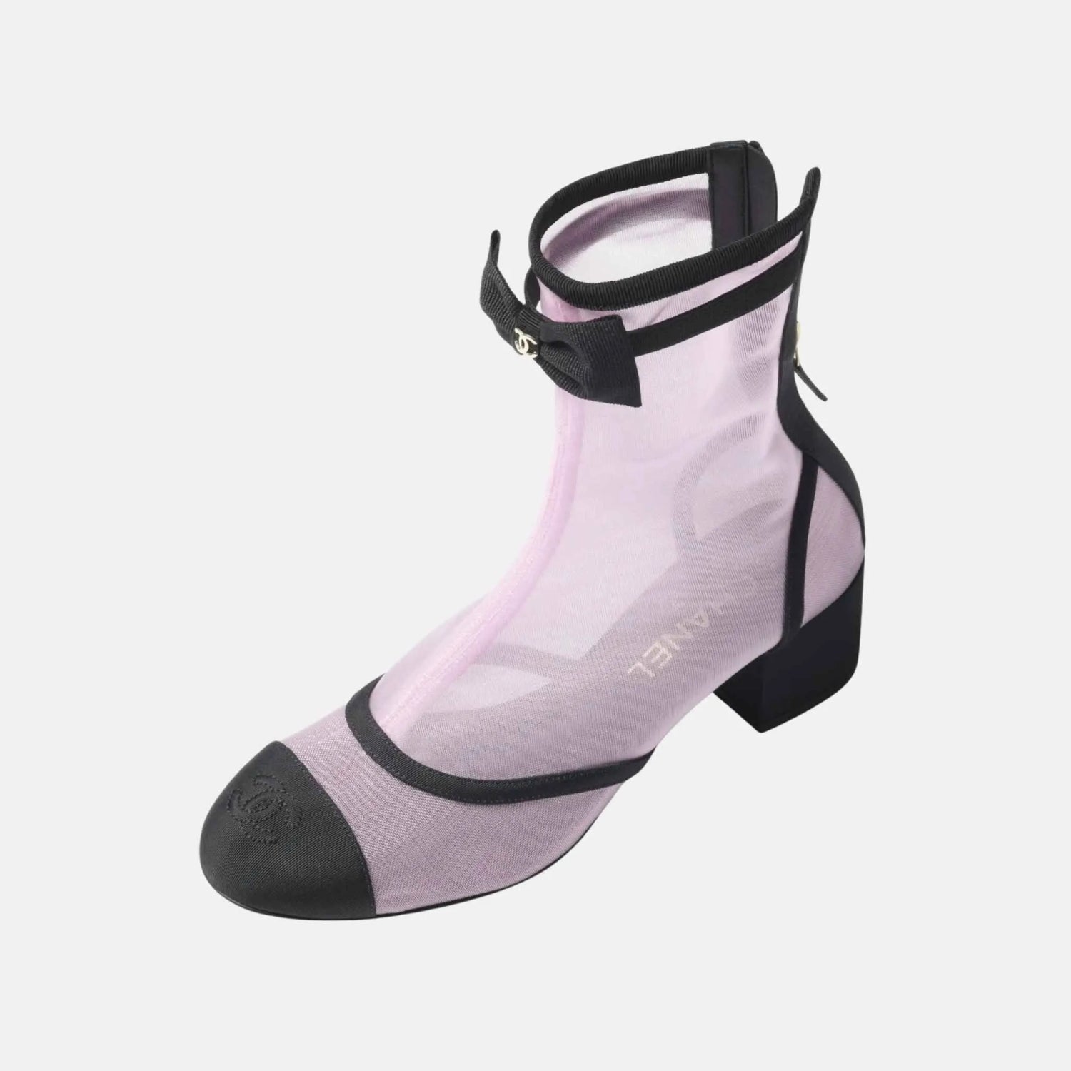 Chanel Ankle Boots in Mesh and Grosgrain, Light Pink, Front
