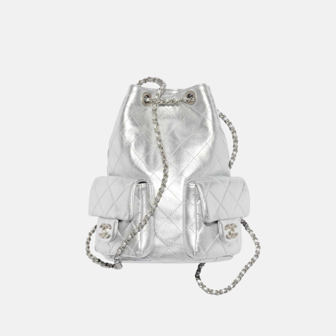 Chanel Backpack Cruise 2024/25 In Metallic Lambskin And Silver Metal, Front
