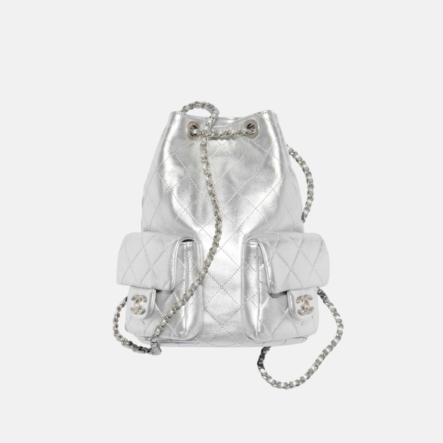 Chanel Backpack Cruise 2024/25 In Metallic Lambskin And Silver Metal, Front