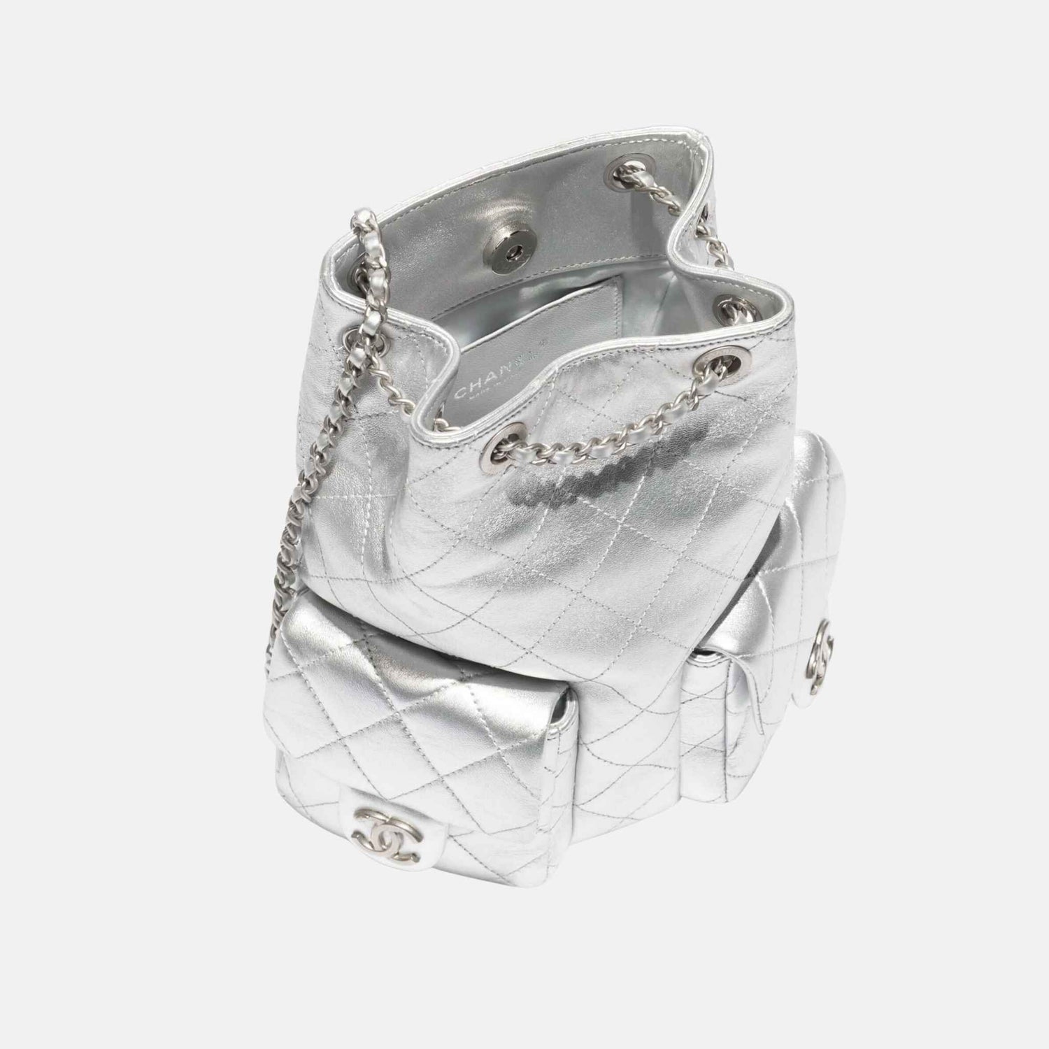 Chanel Backpack Cruise 2024/25 In Metallic Lambskin And Silver Metal, Inside