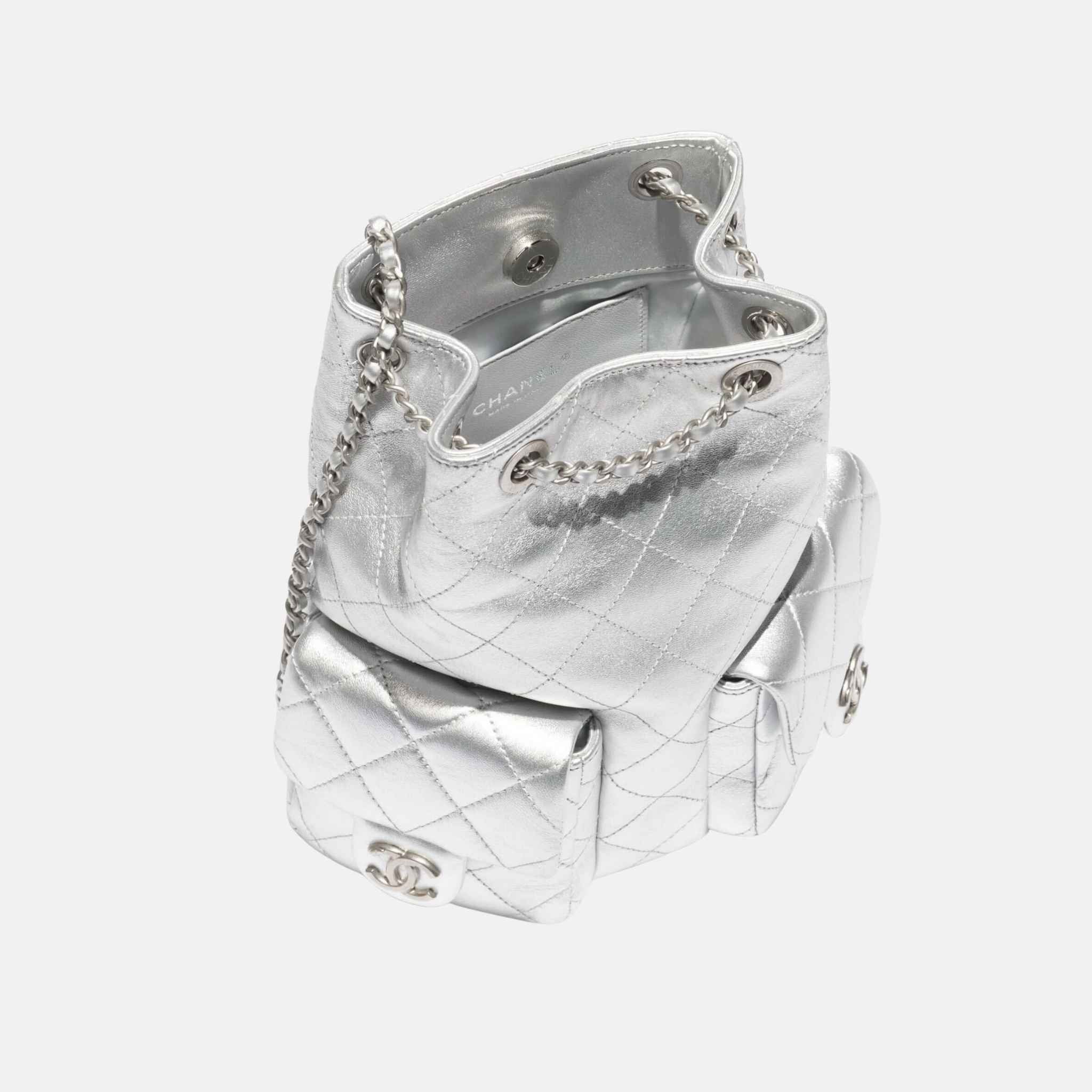 Chanel Backpack Cruise 2024/25 In Metallic Lambskin And Silver Metal, Inside