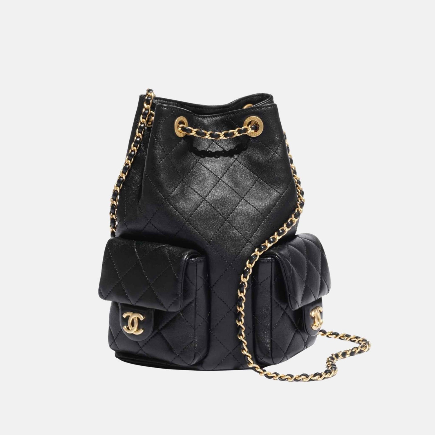 Chanel Backpack Cruise 2024/25 In Shiny Lambskin And Gold Tone Metal, Black, Front