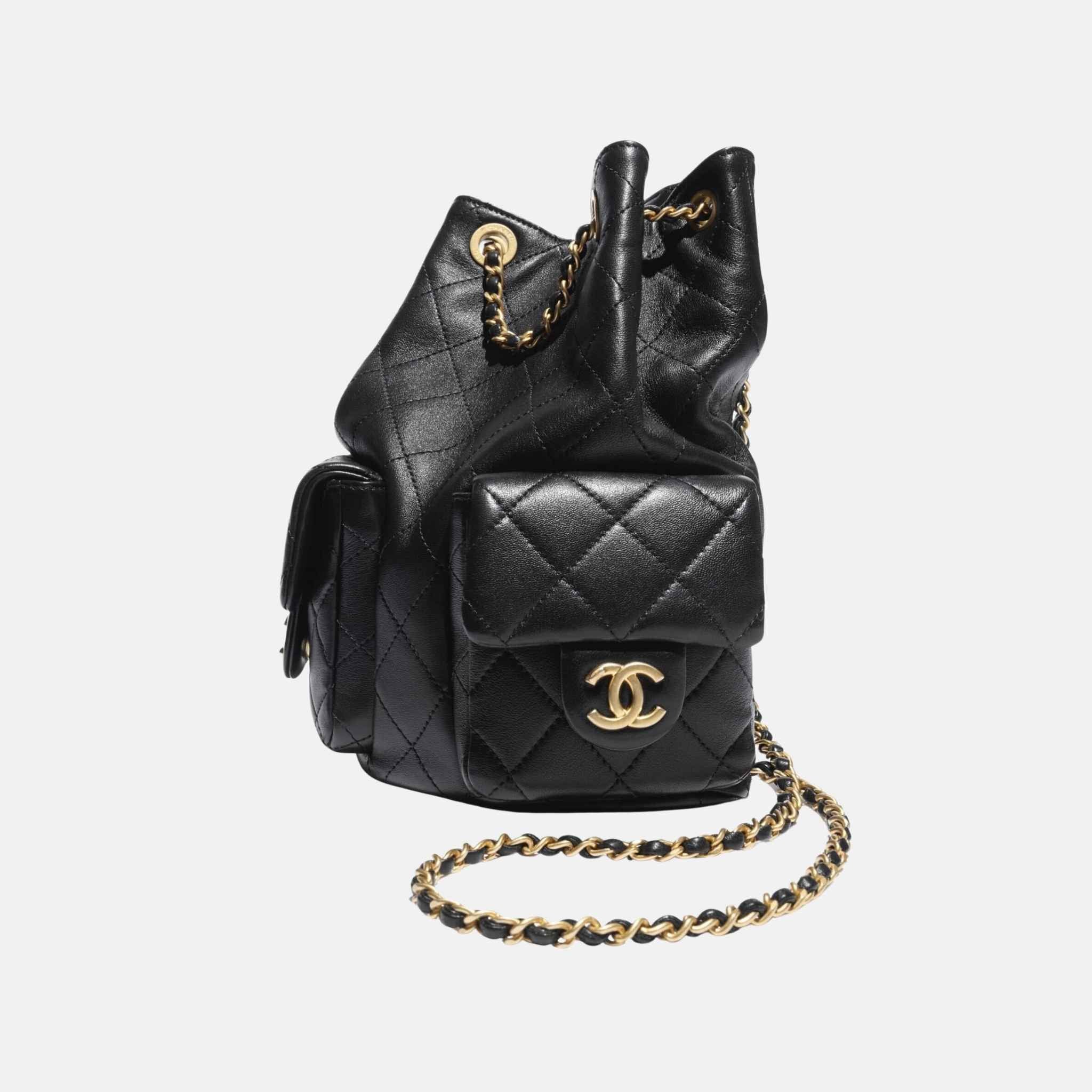 Chanel Backpack Cruise 2024/25 In Shiny Lambskin And Gold Tone Metal, Black, Side
