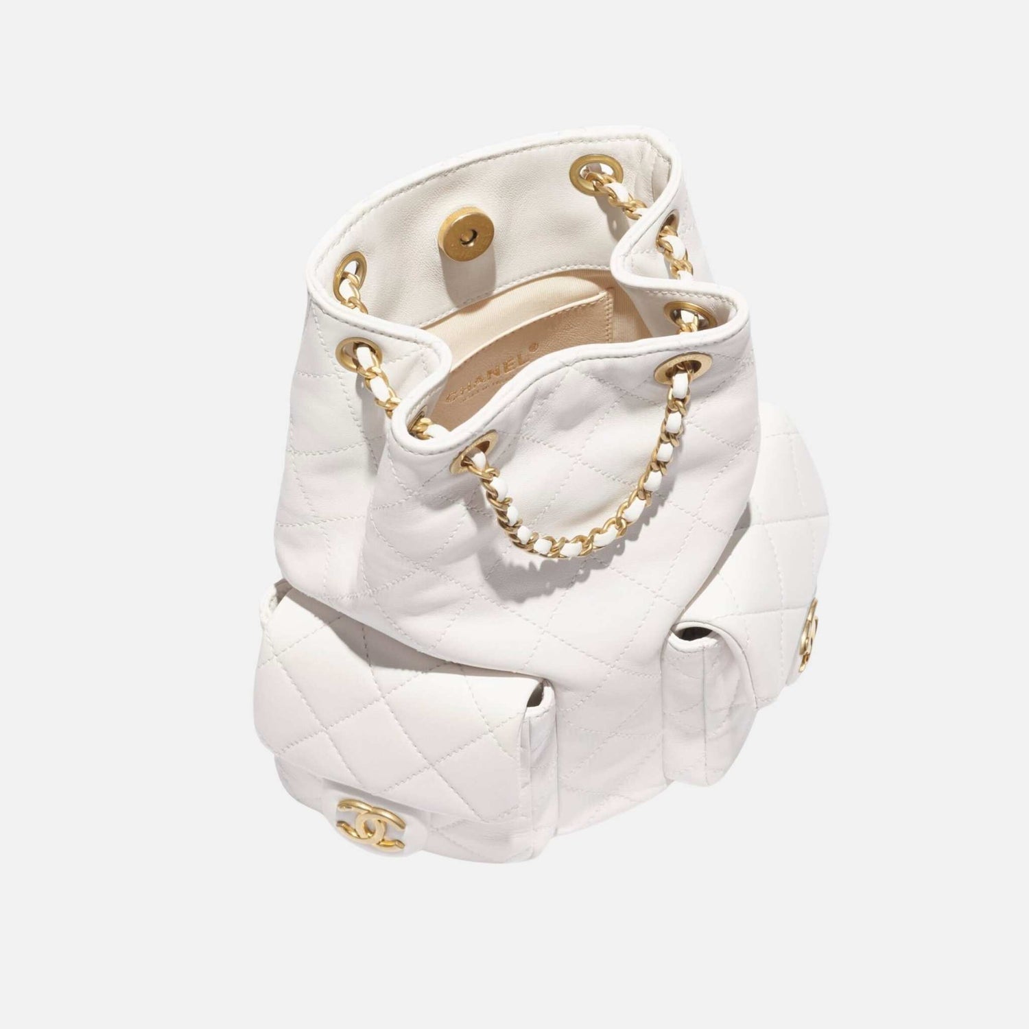 Chanel Backpack Cruise 2024/25 In Shiny Lambskin And Gold Tone Metal, White, Inside
