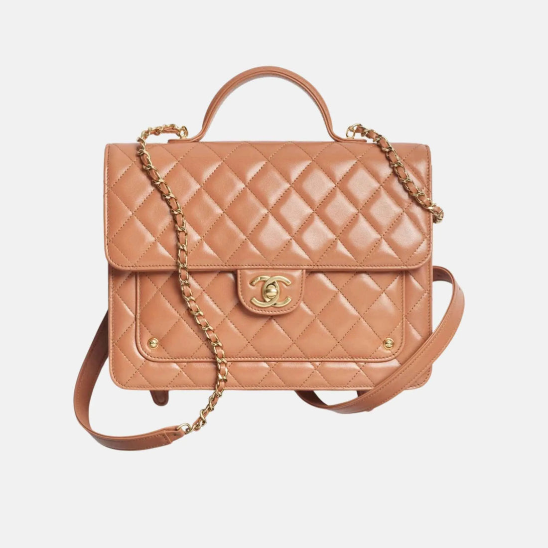 Chanel Backpack Top Handle in Shiny Lambskin and Gold Metal, Front