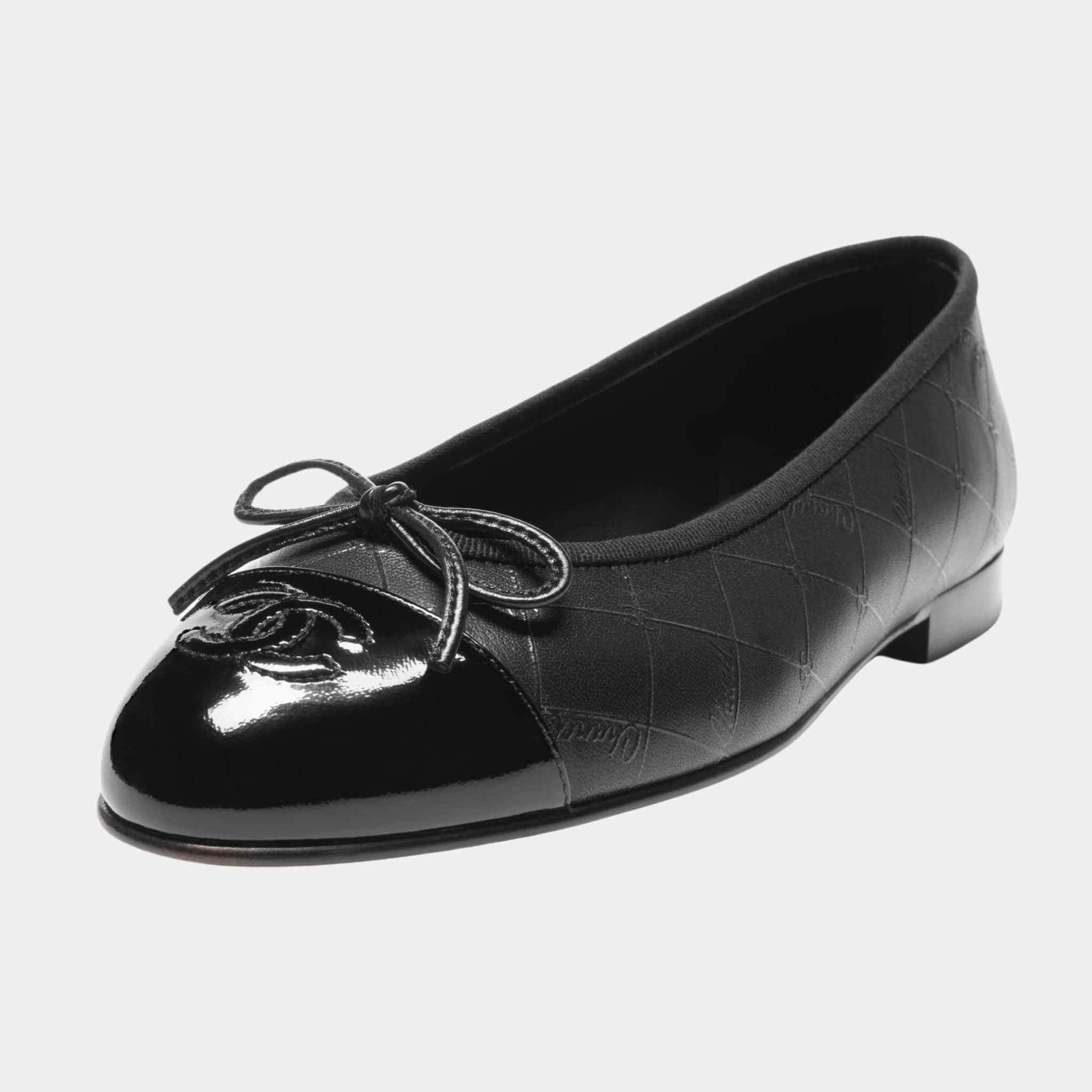 Chanel Ballet Flats Printed Lambskin And Patent Calfskin Black, Front Closeup