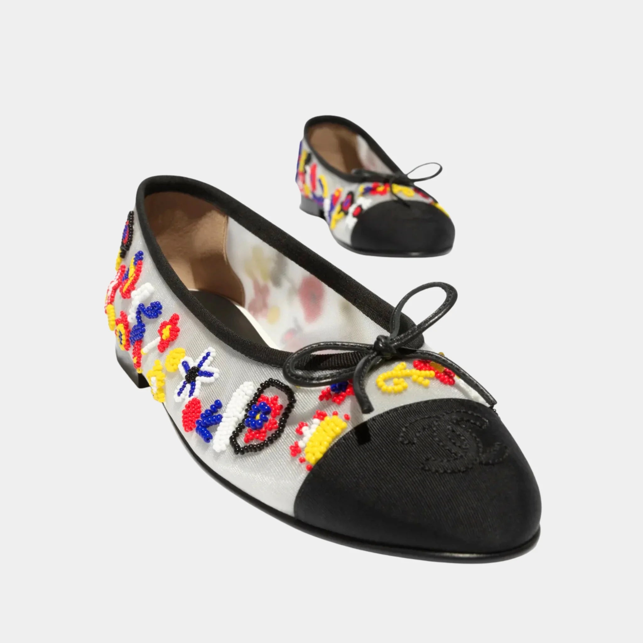 Chanel Ballet Flats in Mesh Imitation Pearls &amp; Grosgrain, Multicolour, Front