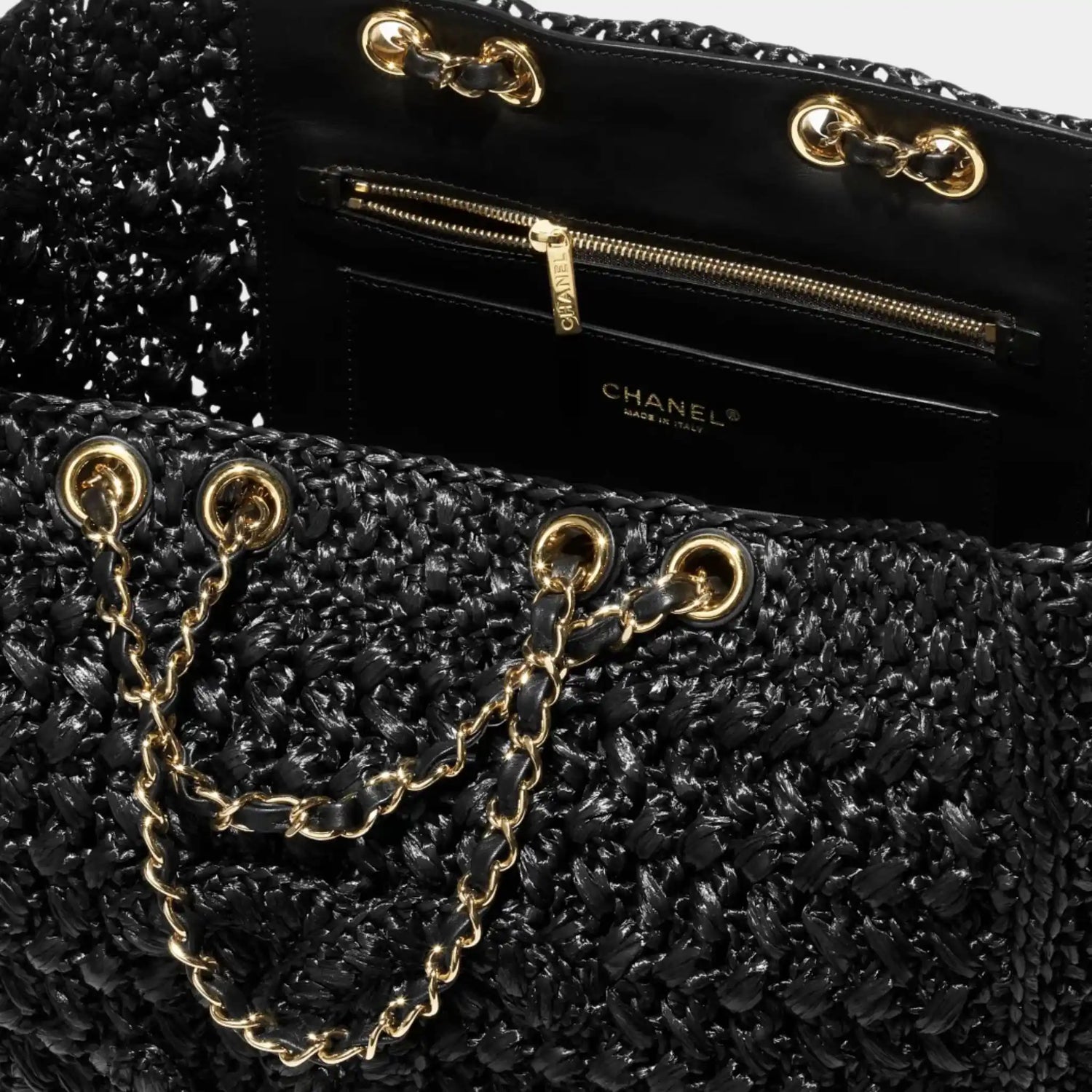 Chanel Basket Braided Raffia Calfskin &amp; Gold-tone Metal Black
