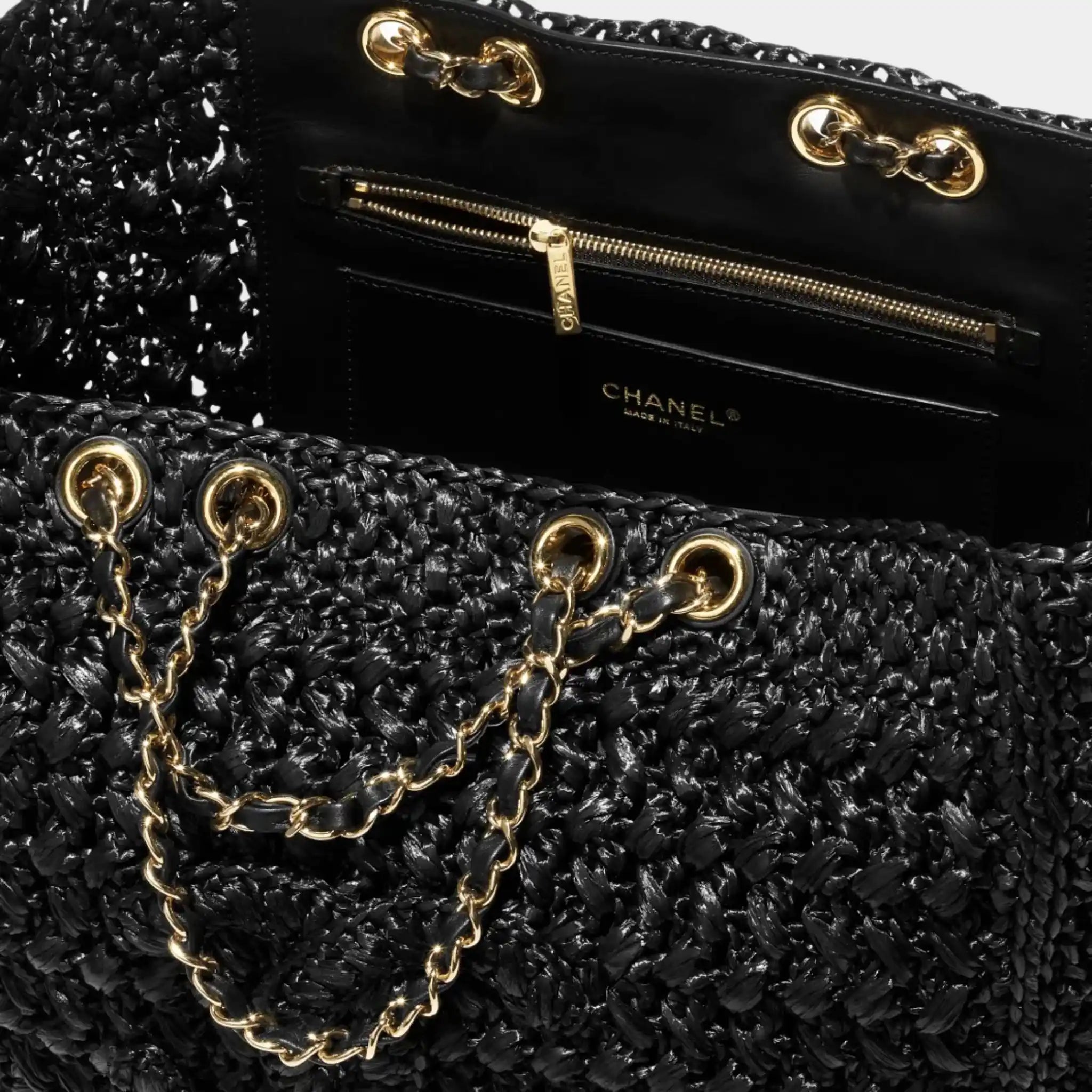 Chanel Basket Braided Raffia Calfskin &amp; Gold-tone Metal Black