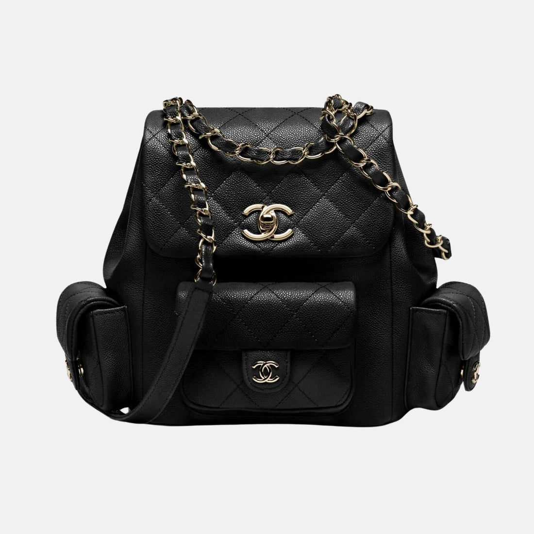 Chanel Black Backpack In Grained Shiny Calfskin And Gold Tone Metal, Front