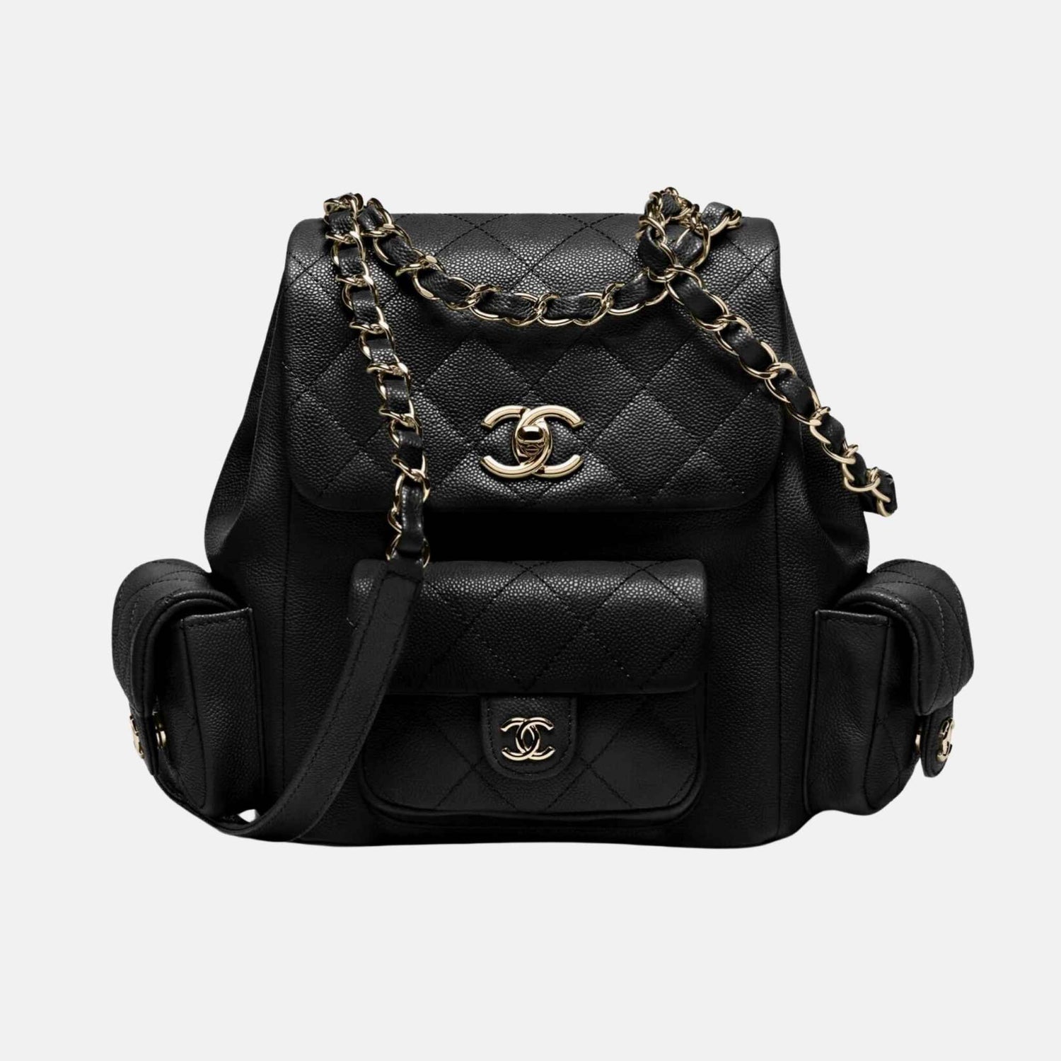 Chanel Black Backpack In Grained Shiny Calfskin And Gold Tone Metal, Front