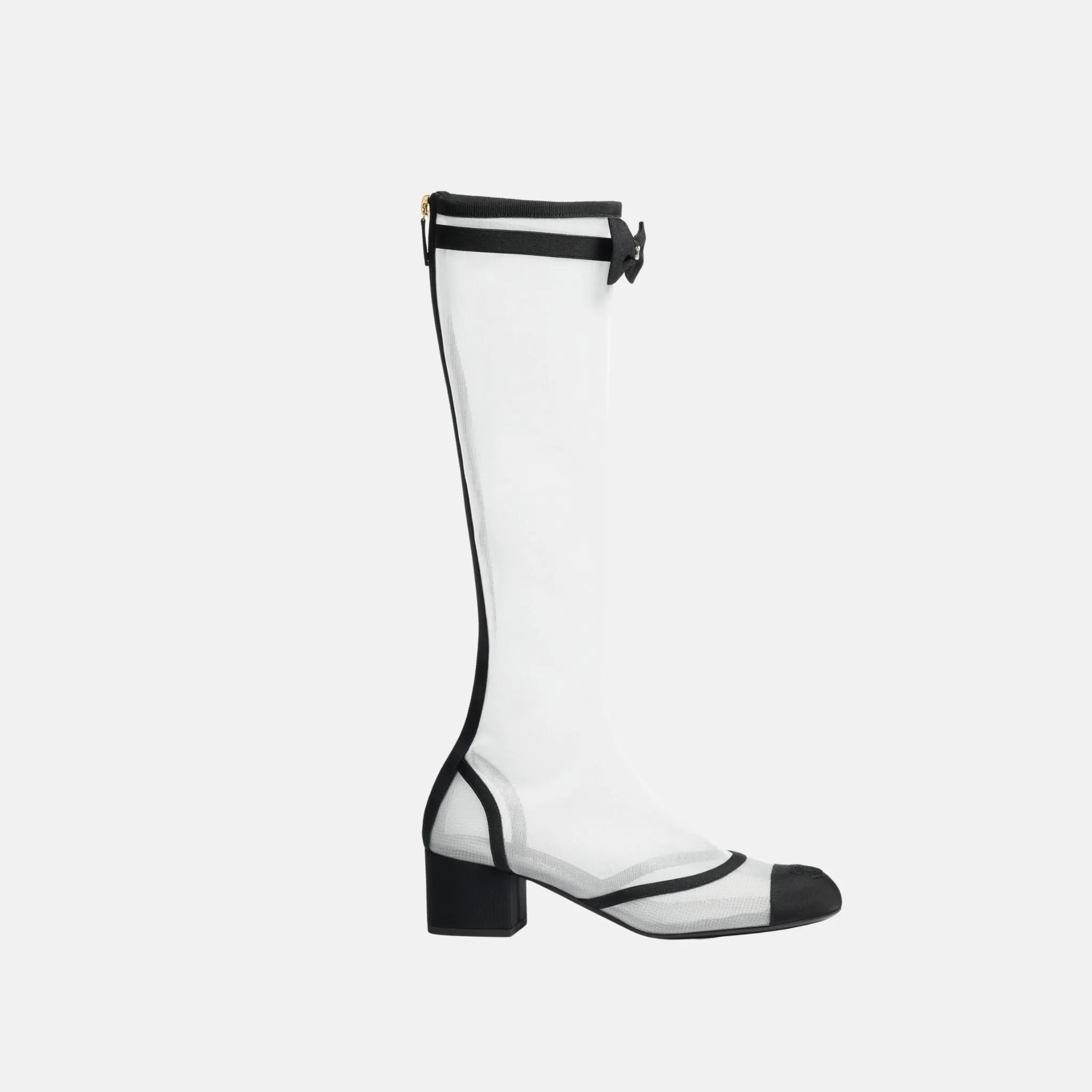 Chanel Boots in Mesh and Grosgrain, White, Front
