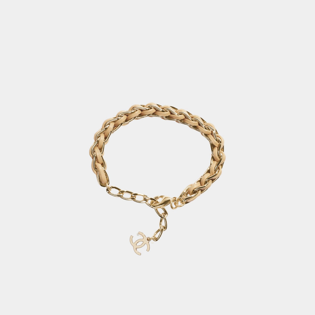 Braided Bracelet Metal &amp; Lambskin Gold &amp; Beige, Front 