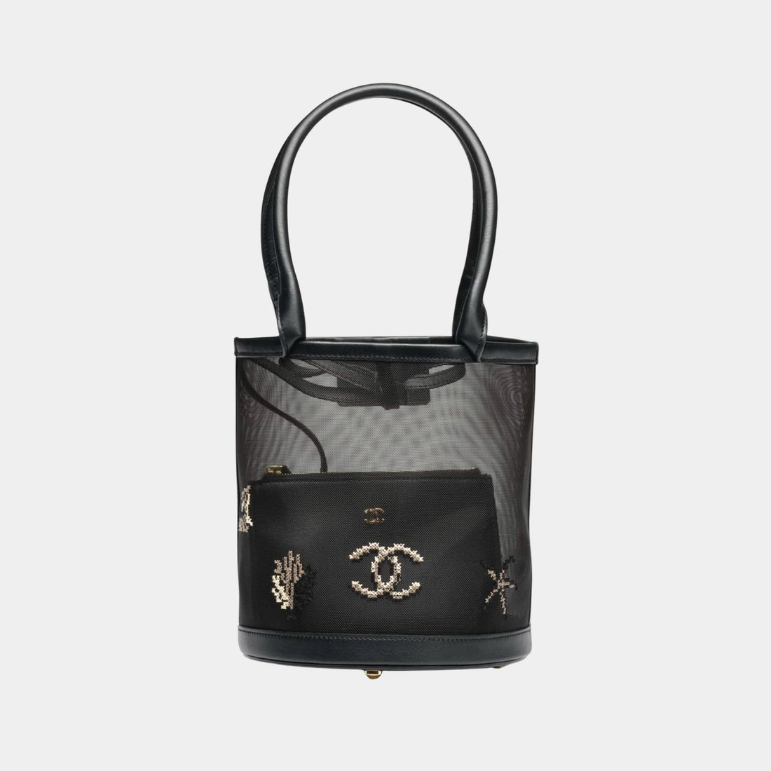 Bucket Bag Embroidered Mesh & Calfskin Black