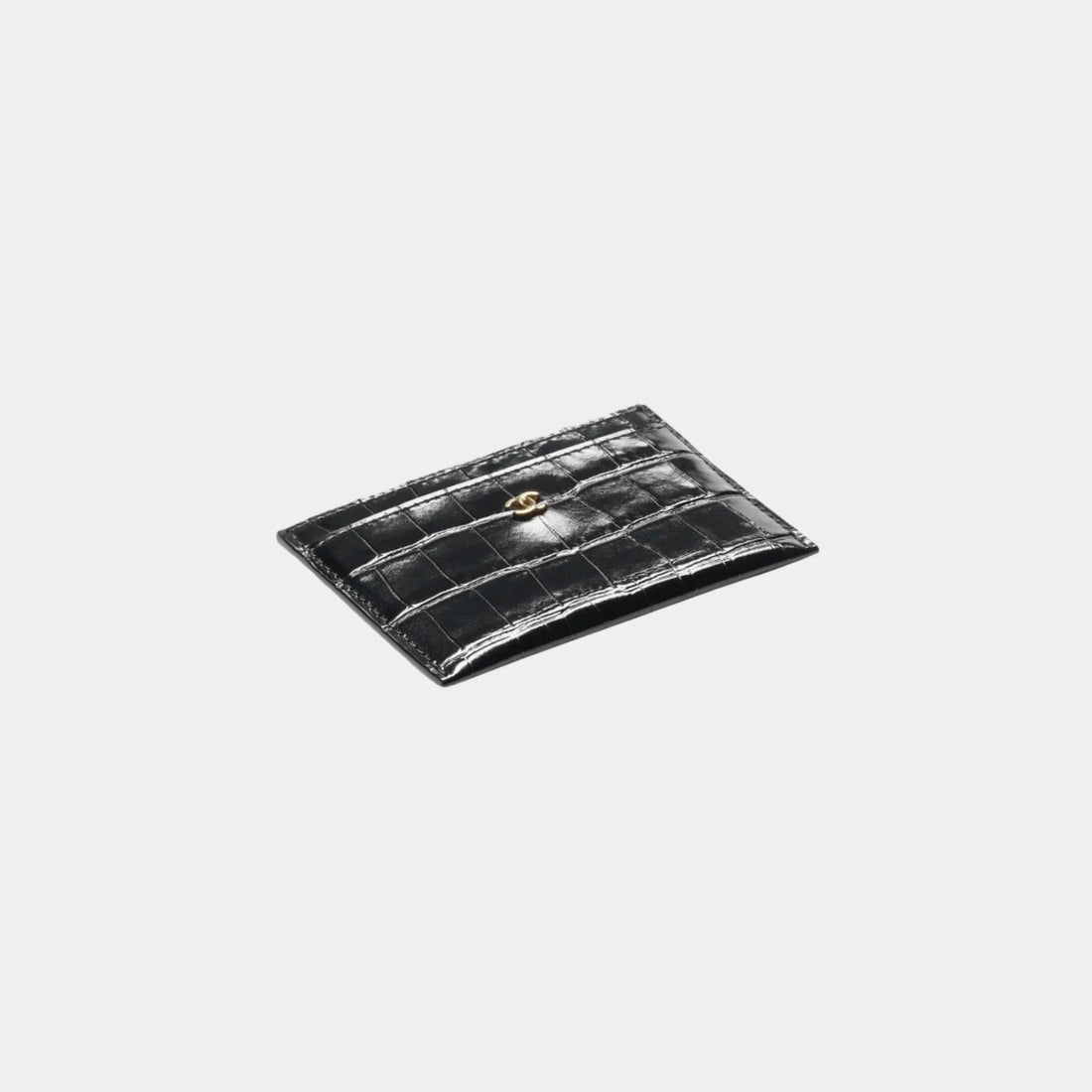 Chanel Card Holder in Crocodile Embossed Calfskin &amp; Gold-Tone Metal, Black, Front