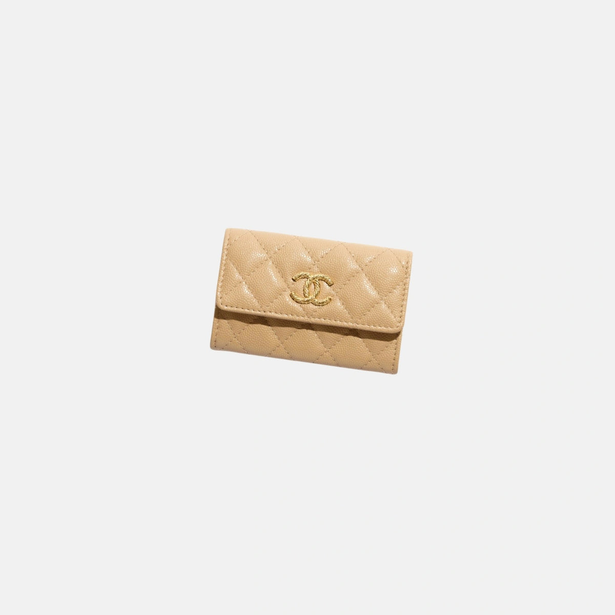 Card Holder in Shiny Grained Calfskin Dark Beige with Gold Tone Metal