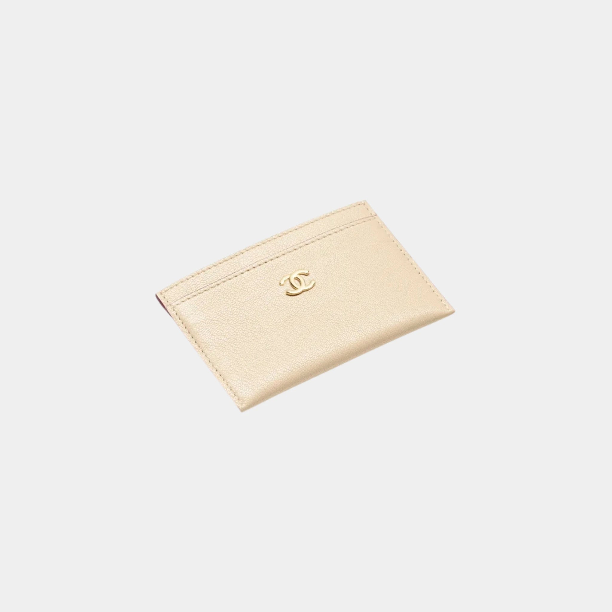 Chanel Card Holder in Grained Goatskin &amp; Gold Metal, Beige, Top