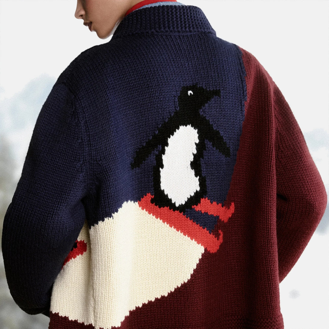 Chanel Cardigan Cashmere in Burgundy, Navy Blue and Light Yellow, Coco Neige 2026, worn front view