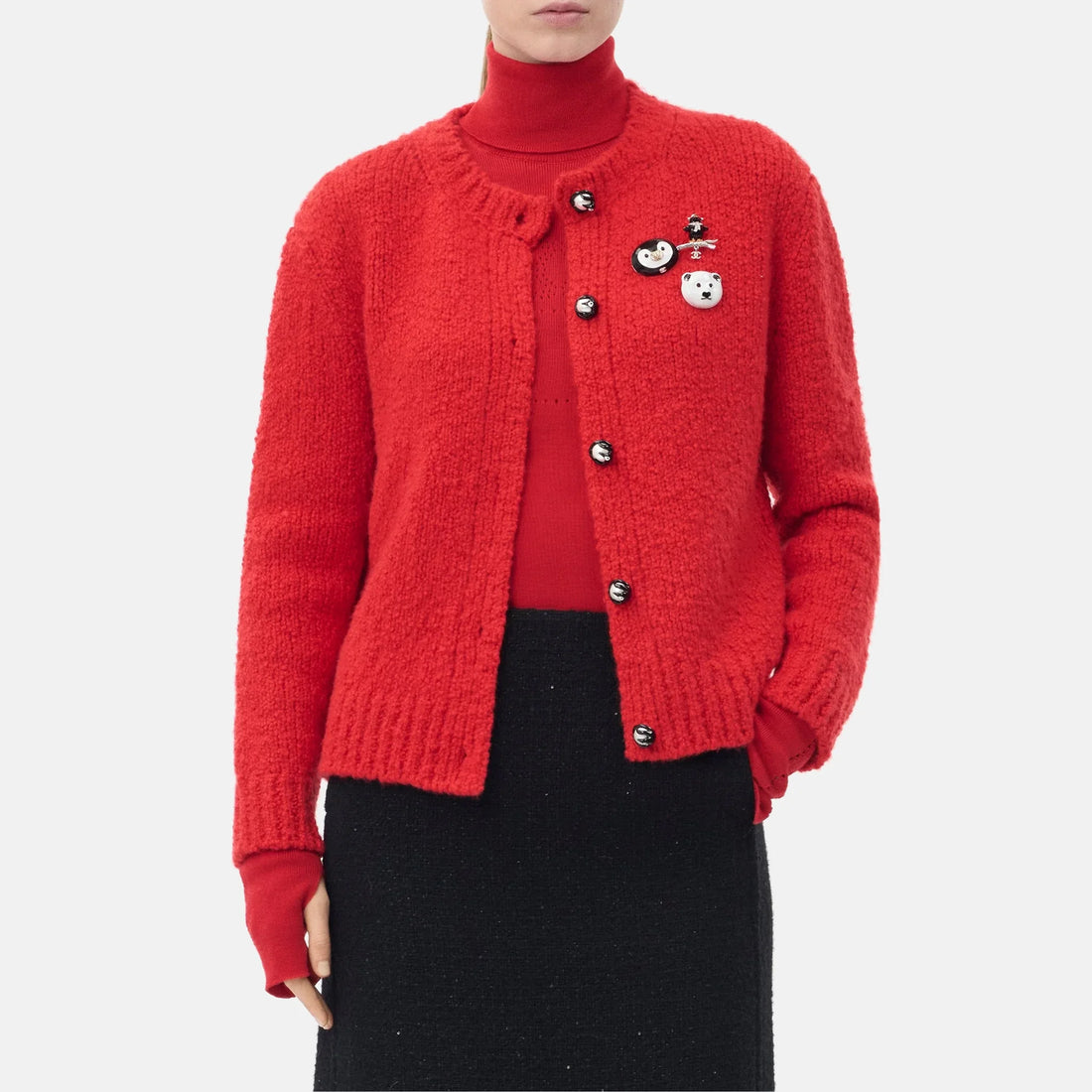 Chanel Cardigan Cashmere in Red, Coco Neige 2026, worn front view