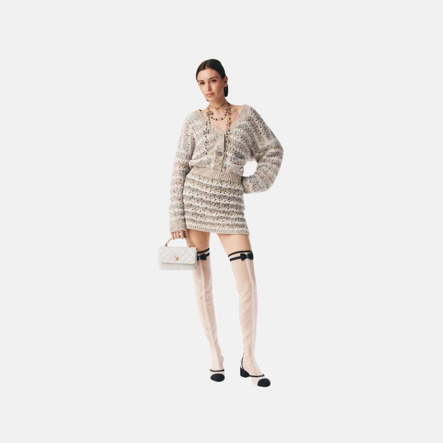 Chanel Cardigan in Light Gray and Multicolor Wool and Cashmere, Front