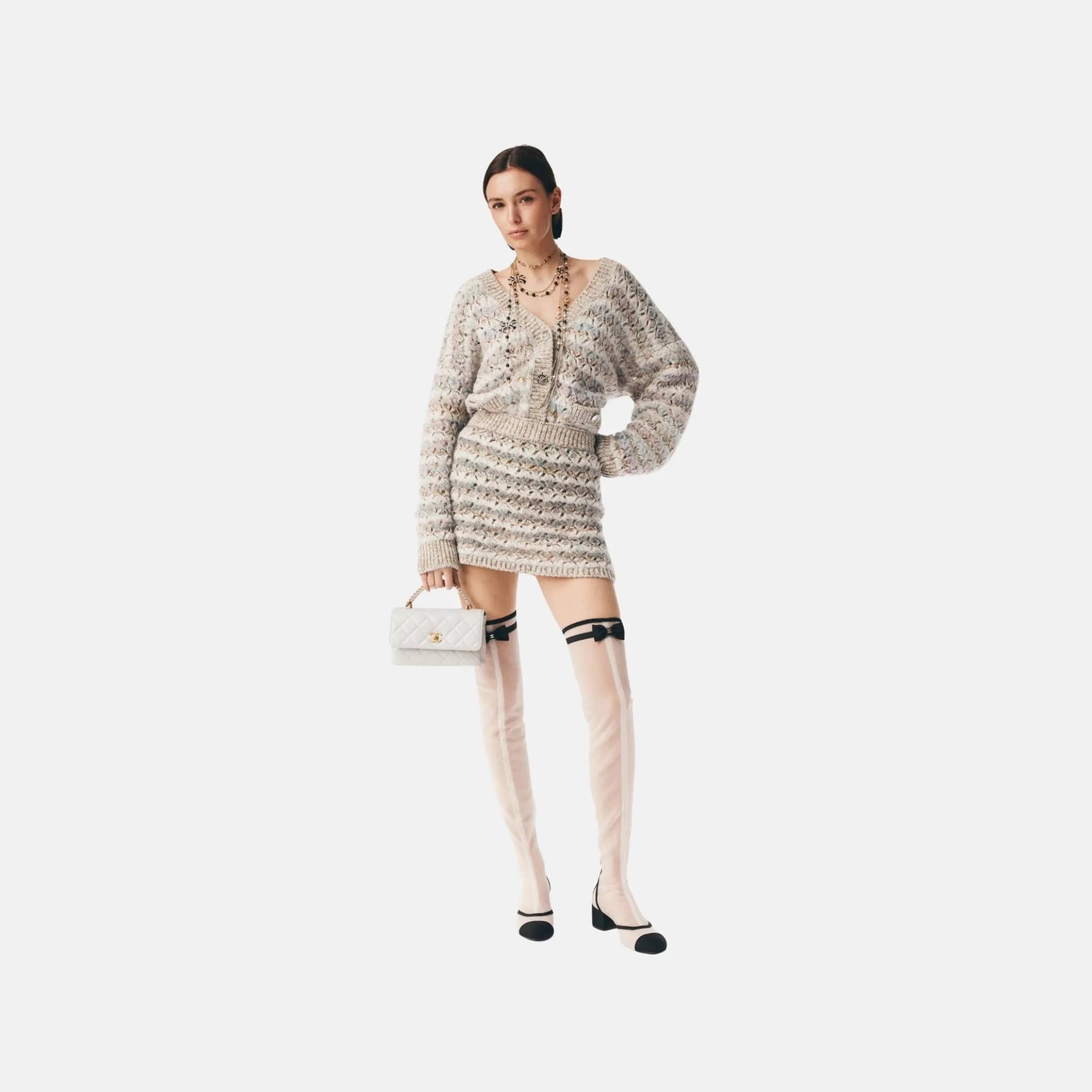 Chanel Cardigan in Light Gray and Multicolor Wool and Cashmere, Front