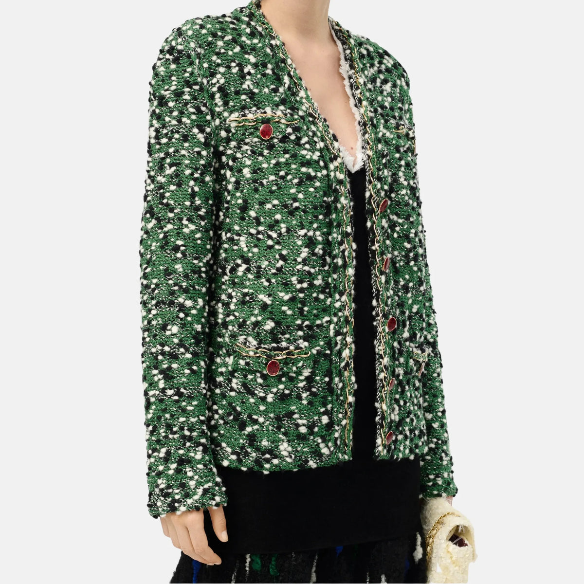 Cardigan Silk Wool Mixed Fibres in Green Black and White