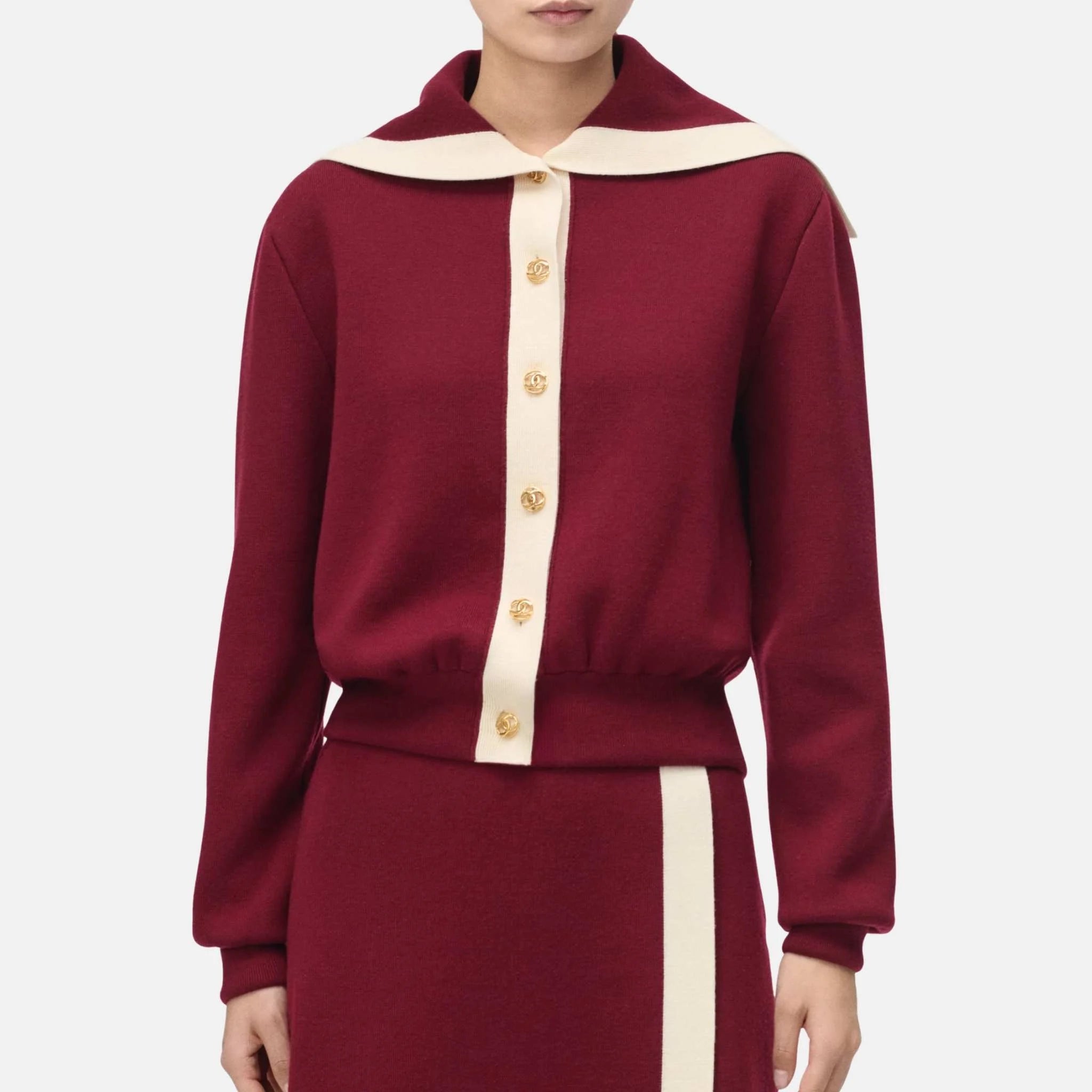 Chanel Cardigan Wool in Burgundy and White, Front