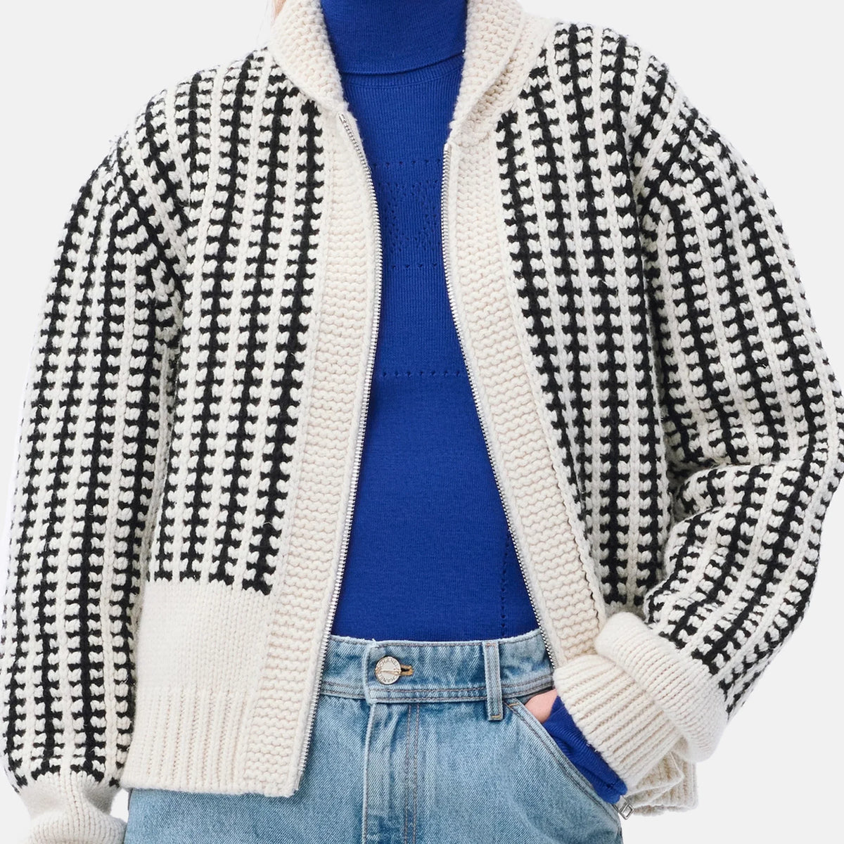 Cardigan Wool & Silk in Ecru and Black — Ecru and Black
