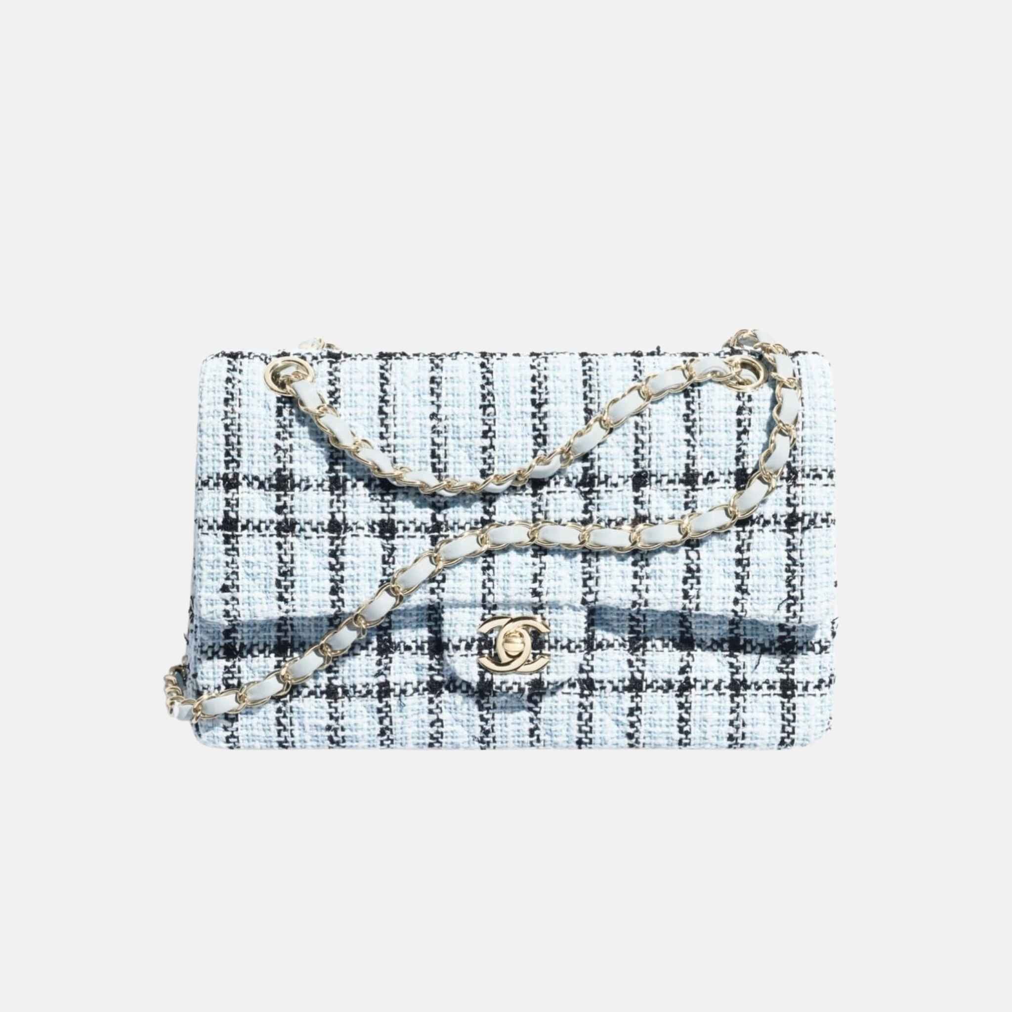 Chanel Classic 11.12 Handbag In Tweed And Gold Metal, Light Blue and Black, Front