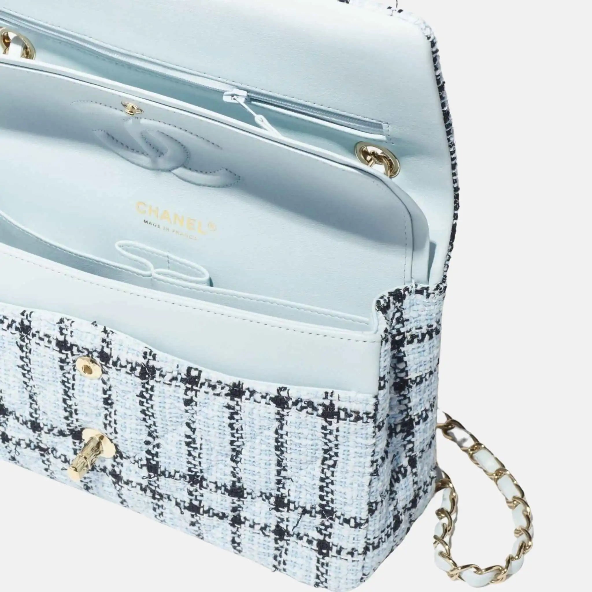 Chanel Classic 11.12 Handbag In Tweed And Gold Metal, Light Blue and Black, Inside