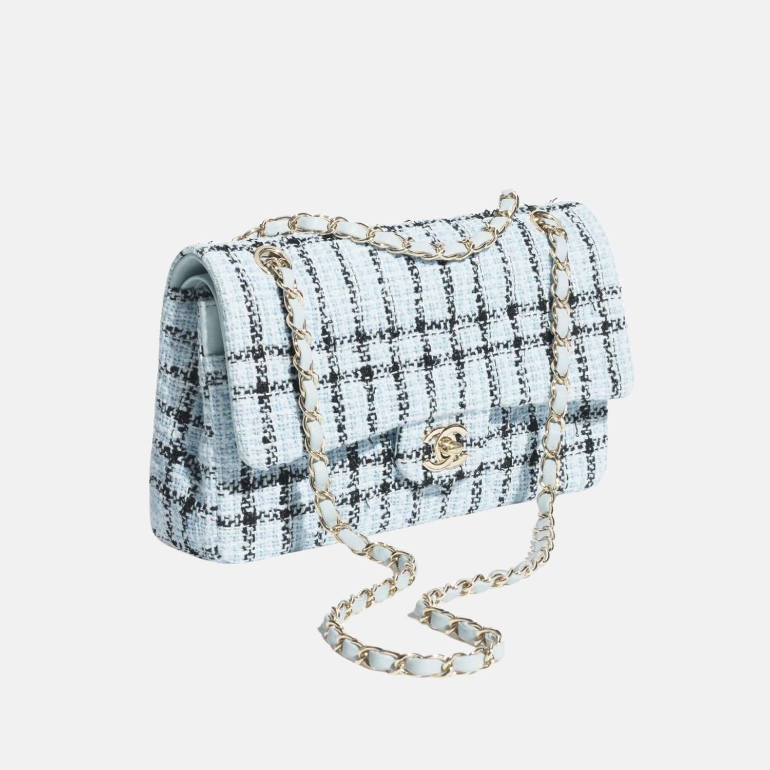 Chanel Classic 11.12 Handbag In Tweed And Gold Metal, Light Blue and Black, Side