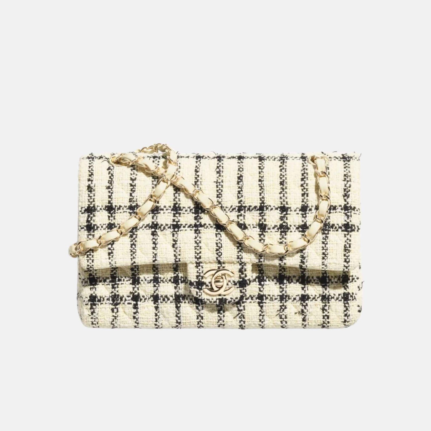 Chanel Classic 11.12 Handbag In Tweed And Gold Metal, Light Yellow and Black, Front
