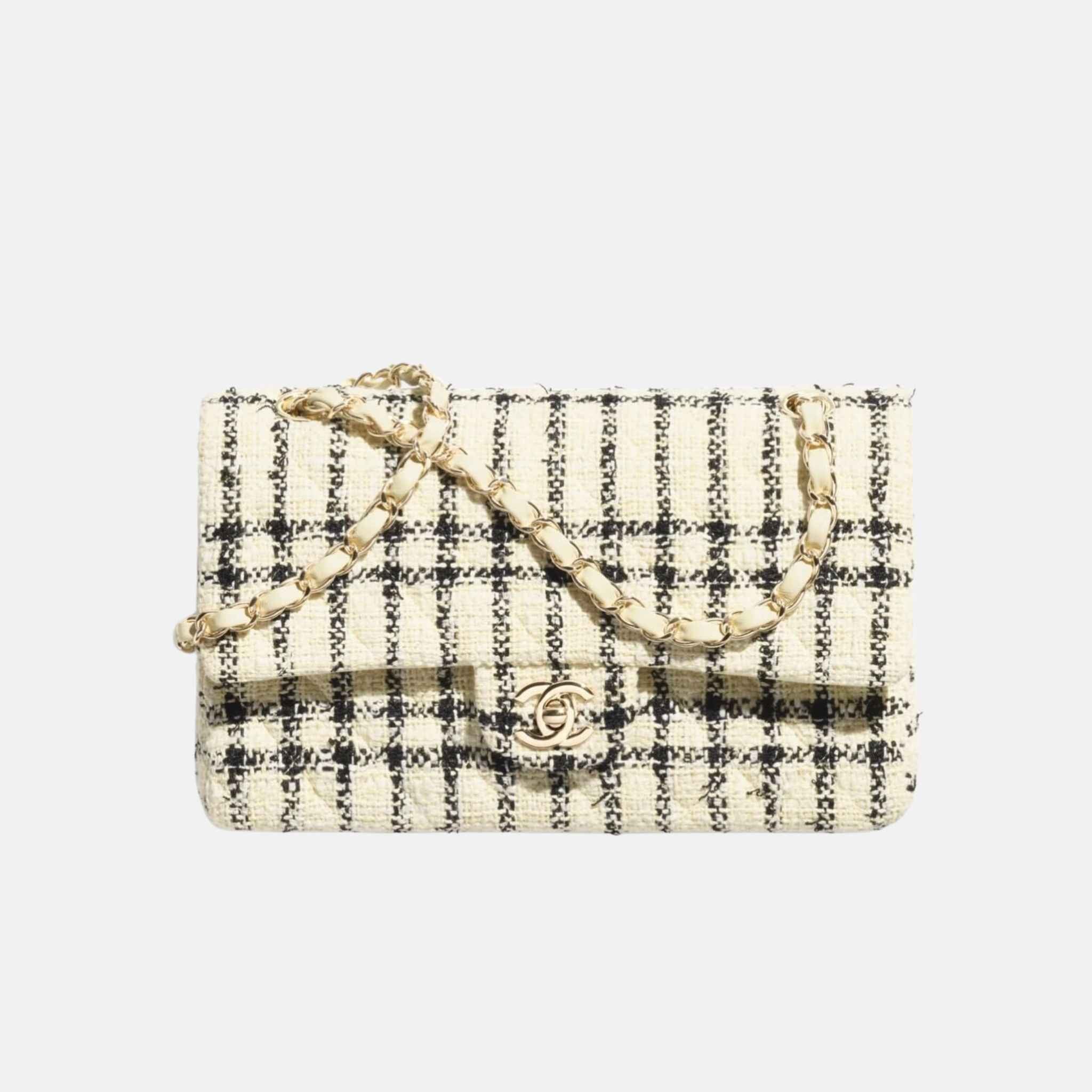 Chanel Classic 11.12 Handbag In Tweed And Gold Metal, Light Yellow and Black, Front