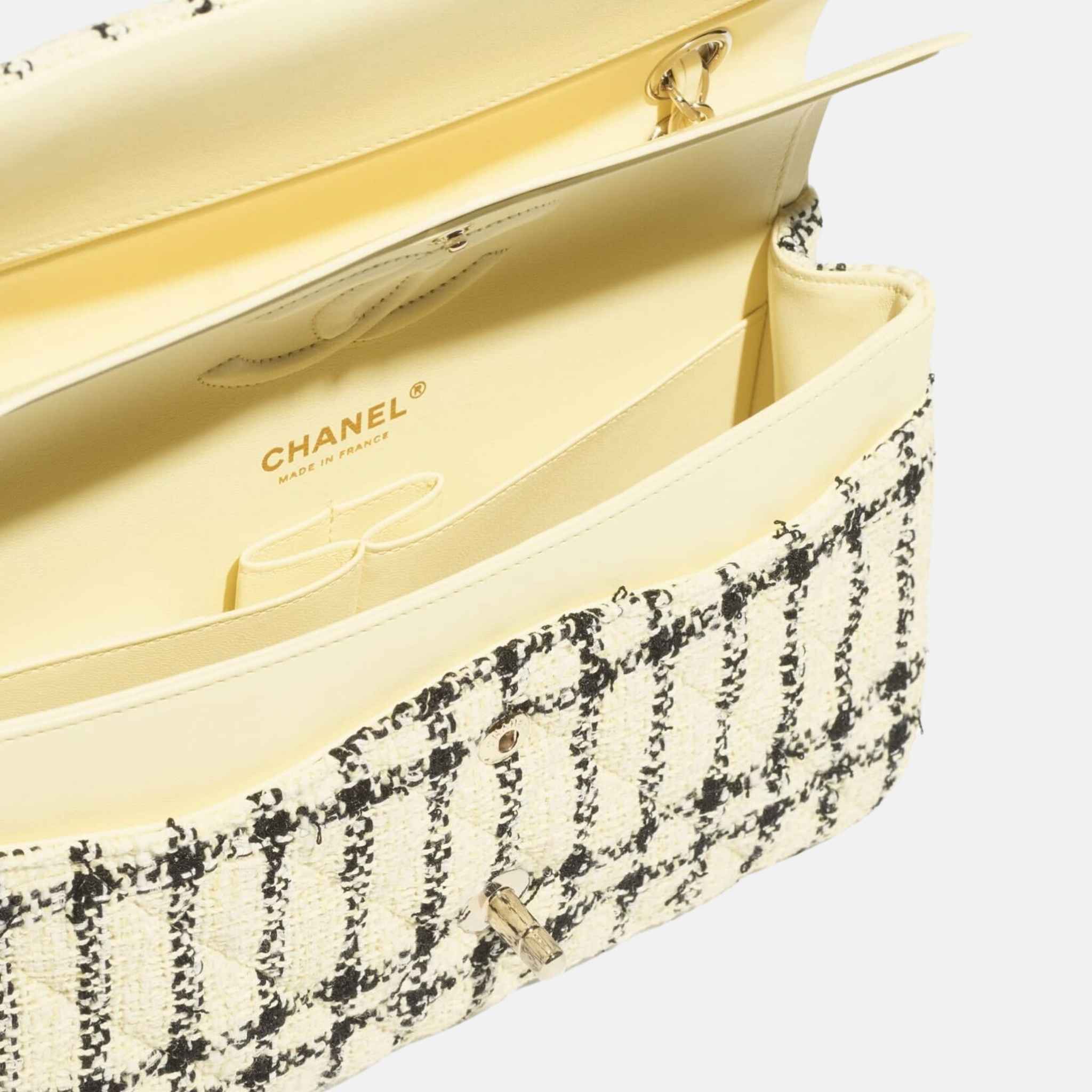 Chanel Classic 11.12 Handbag In Tweed And Gold Metal, Light Yellow and Black, Inside