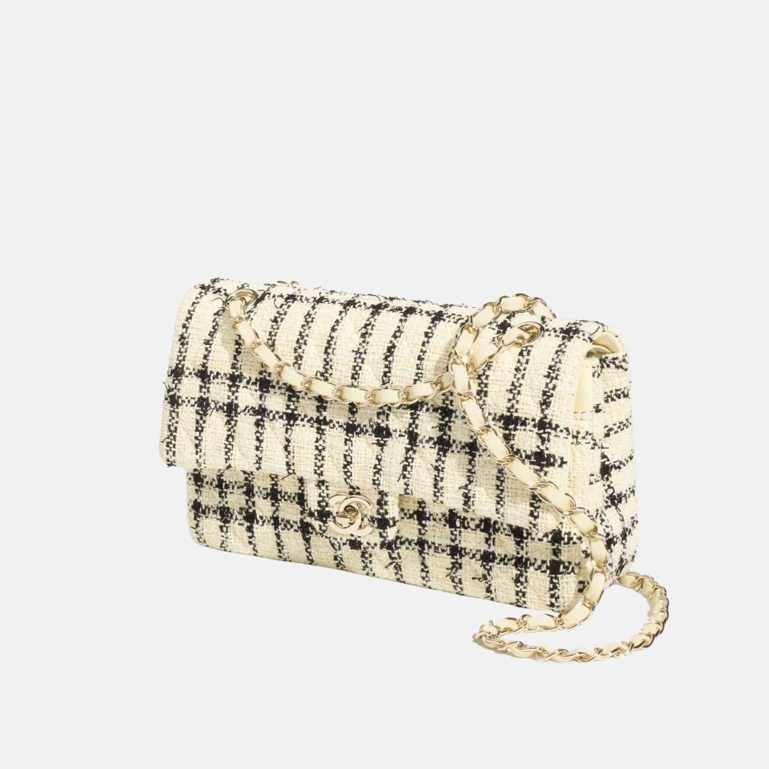 Chanel Classic 11.12 Handbag In Tweed And Gold Metal, Light Yellow and Black, Side
