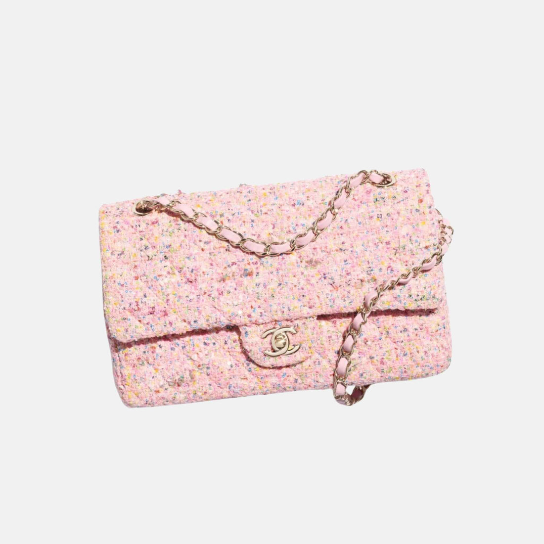 Chanel Classic 11.12 Pink Multicolour Handbag In Tweed And Gold Metal, Front