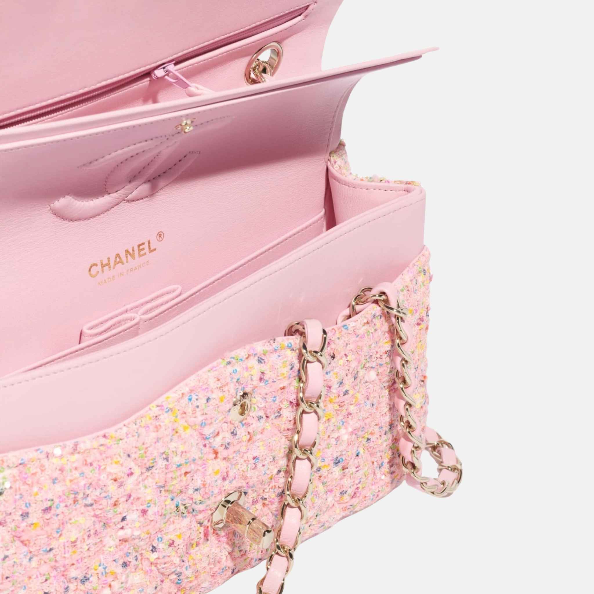 Chanel Classic 11.12 Pink Multicolour Handbag In Tweed And Gold Metal, Inside