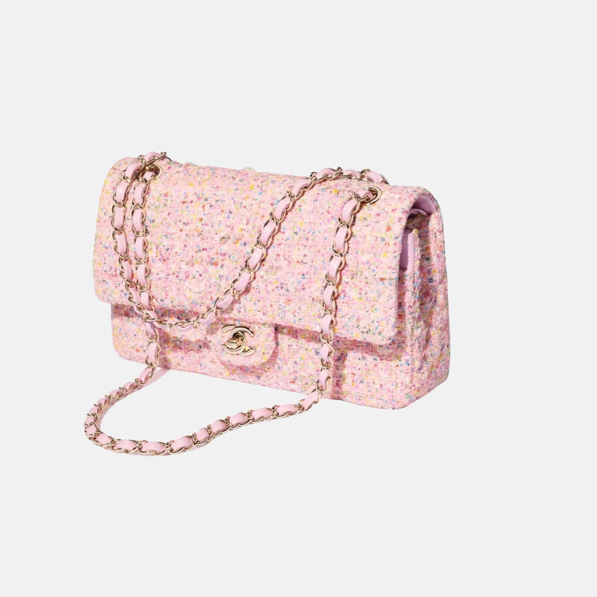 Chanel Classic 11.12 Pink Multicolour Handbag In Tweed And Gold Metal, Side