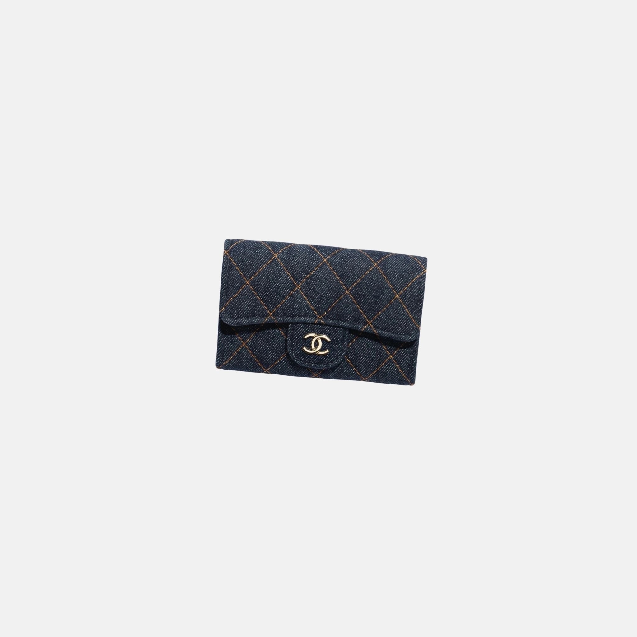 Chanel Classic Card Holder in Denim and Gold Metal, Front