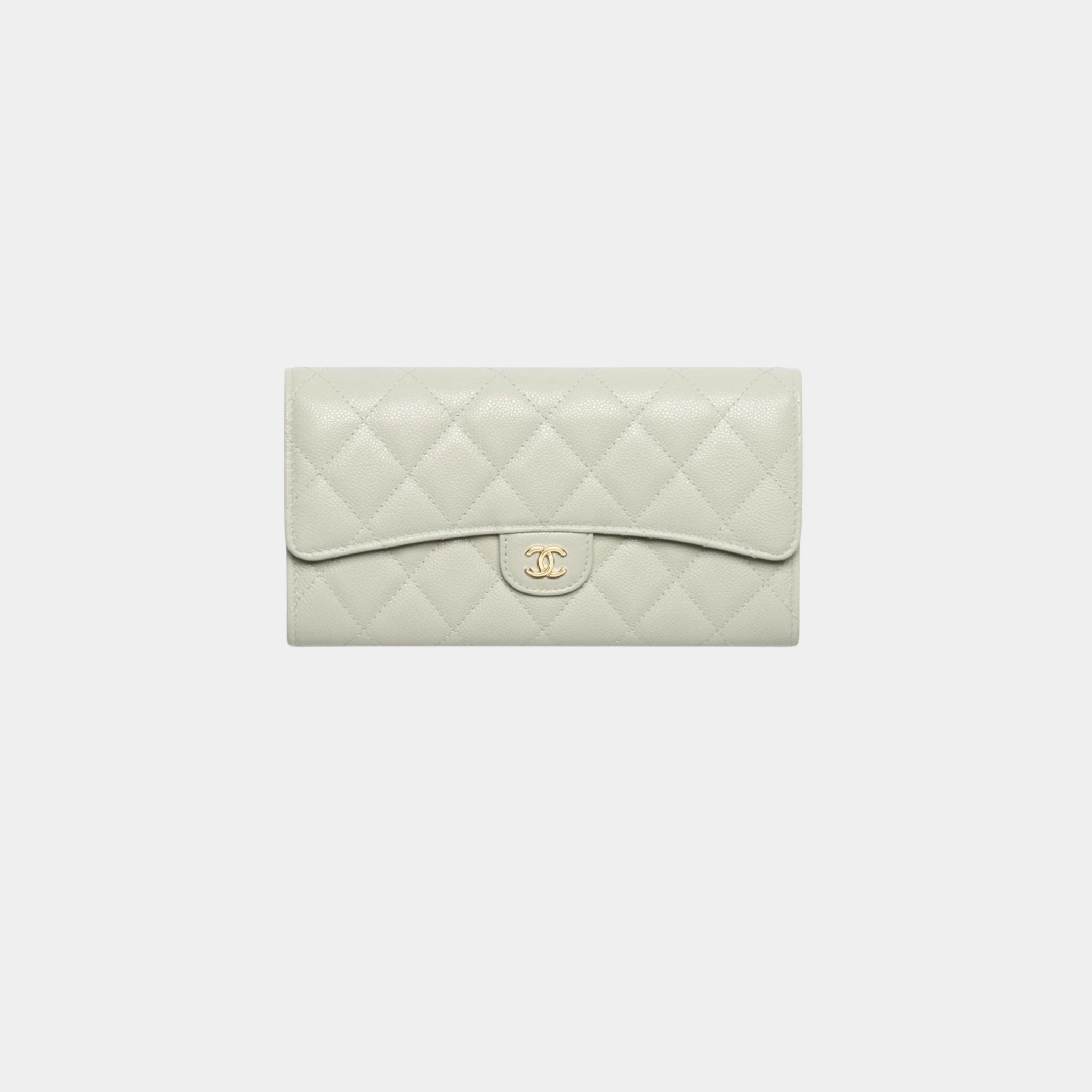 Chanel Classic Long Flap Wallet Grained Shiny Calfskin &amp; Metal, Light Green , Front 