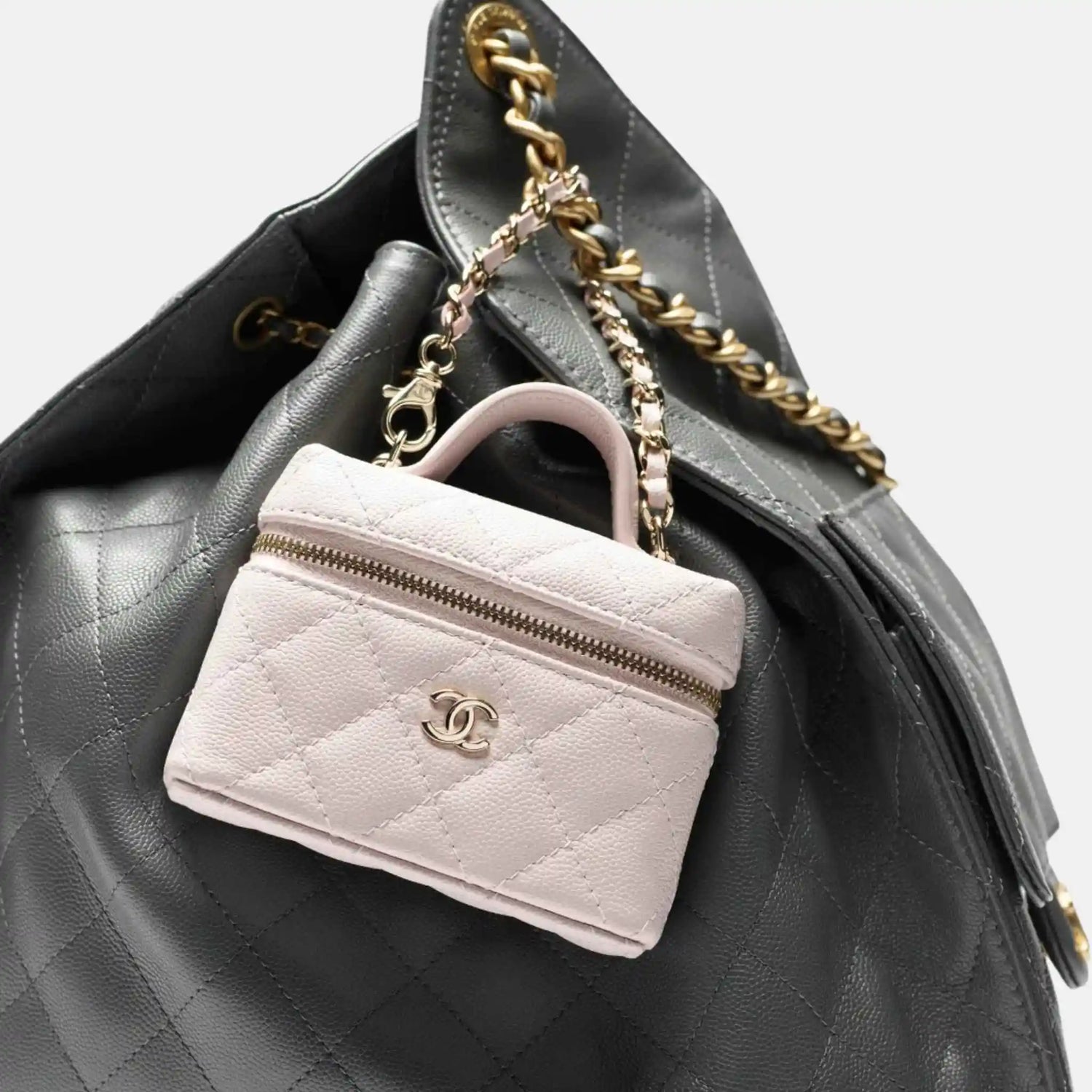 Chanel Classic Mini Bag Charm Grained Shiny Calfskin Gold Tone Metal, Light pink, Close