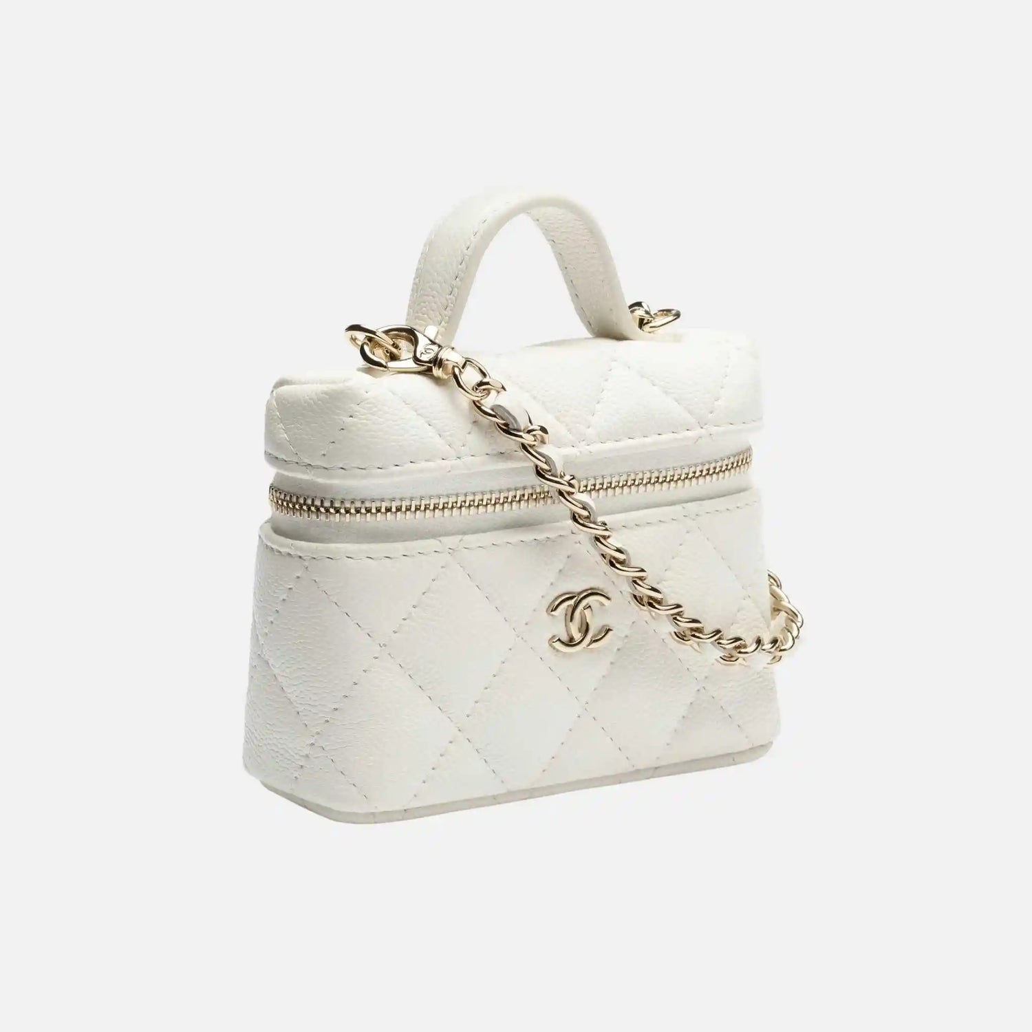 Chanel Classic Mini Bag Charm Grained Shiny Calfskin Gold Tone Metal, White, Front