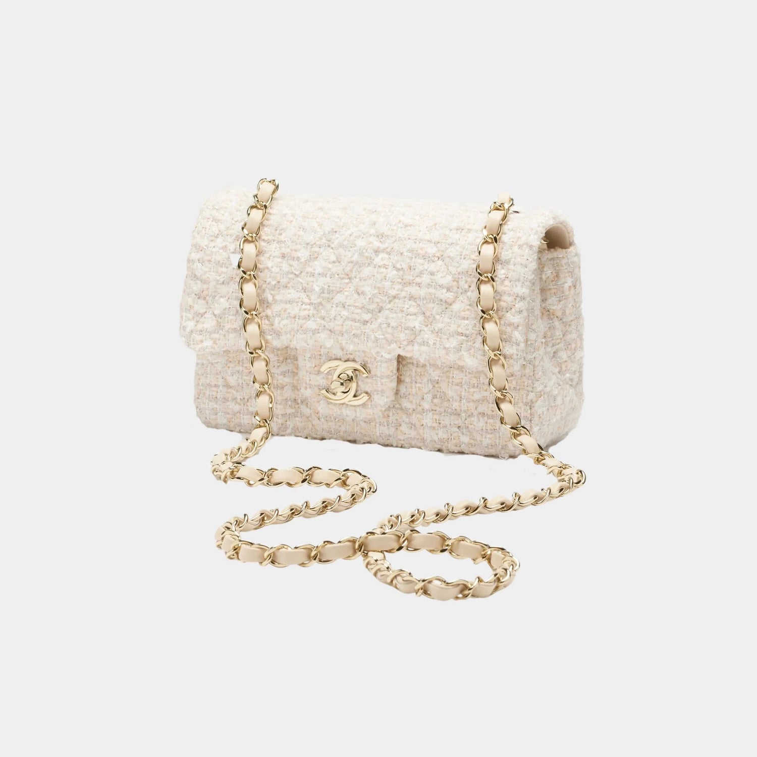 Classic Mini Bag Tweed &amp; Gold metal Beige &amp; White, Front
