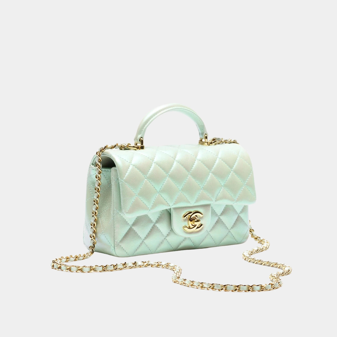 Classic Mini Bag With Handle Iridescent Calfskin &amp; Gold-Tone Metal Light Green