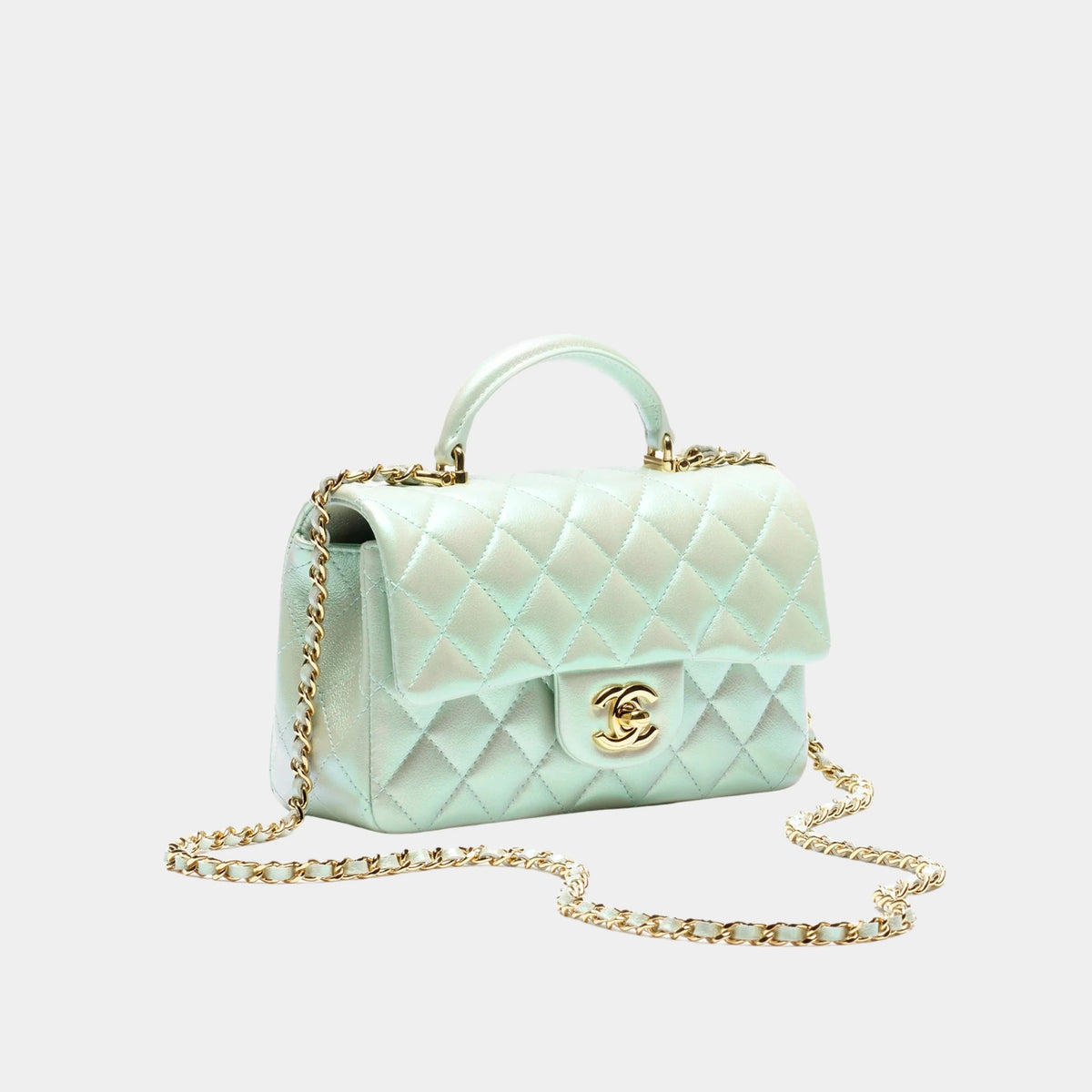 Classic Mini Bag With Handle Iridescent Calfskin &amp; Gold-Tone Metal Light Green