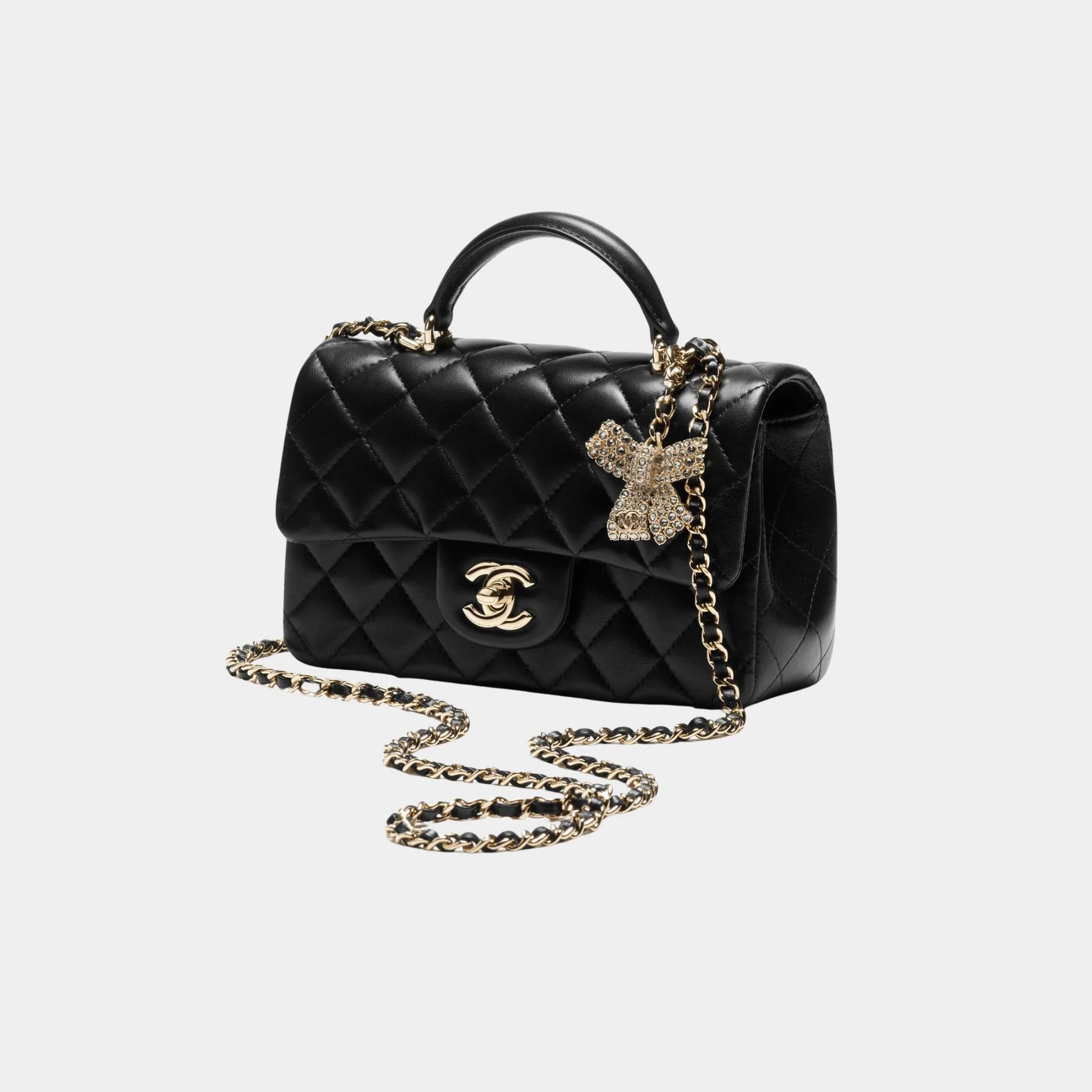 Classic Mini Bag With Handle Lambskin Rhinestones &amp; Gold Metal Black, Front
