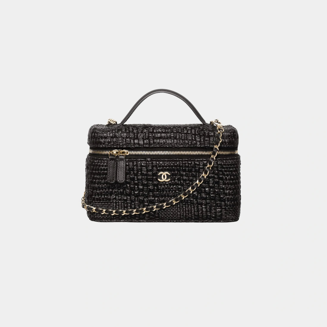 Chanel Classic  Vanity With Chain Braided Raffia &amp; Gold Tone Metal, Black , Front 