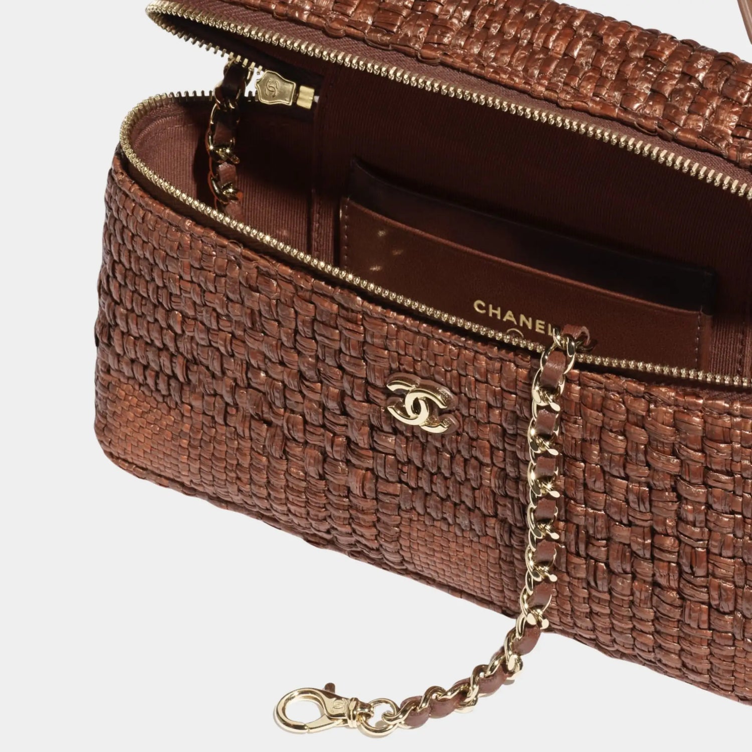 Chanel Classic  Vanity With Chain Braided Raffia &amp; Gold Tone Metal, Brown , Interior