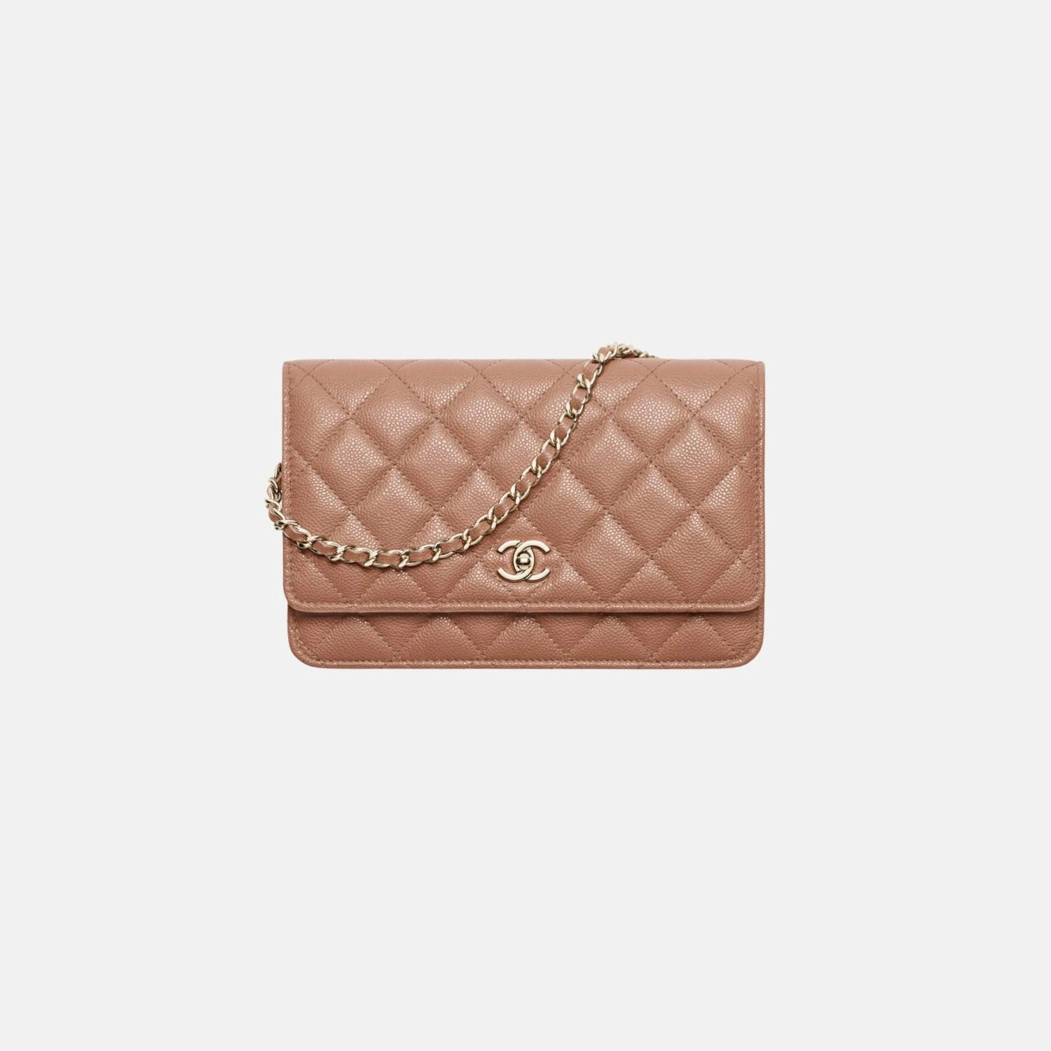 Chanel Classic Wallet on Chain in Grained Shiny Calfskin and Gold Tone, Brown, Front